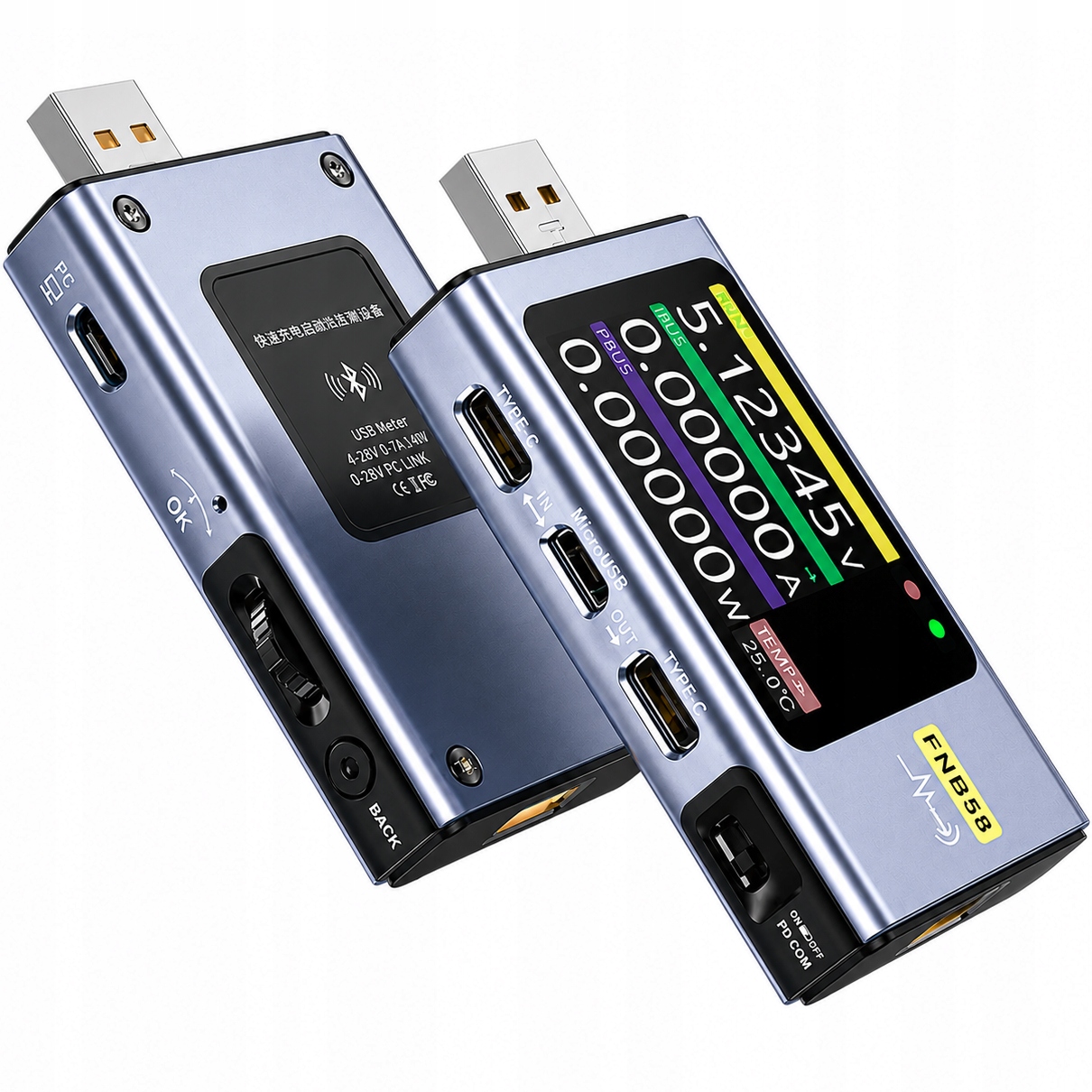 Multifunkčný tester, merač Usb portu Fnirsi FNB58 s Bluetooth 7A 28V