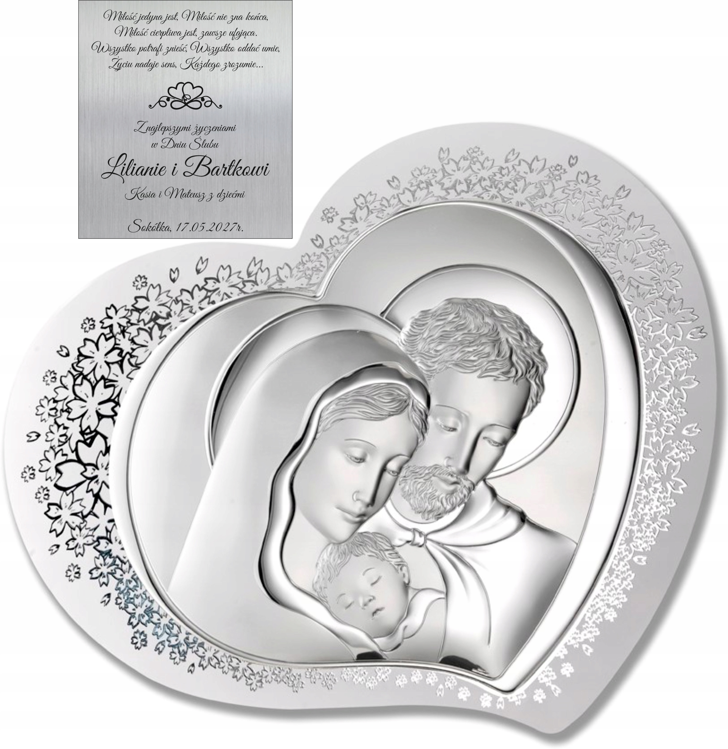 SREBRNY OBRAZEK SERCE XXL ŚWIĘTA RODZINA GRAWER