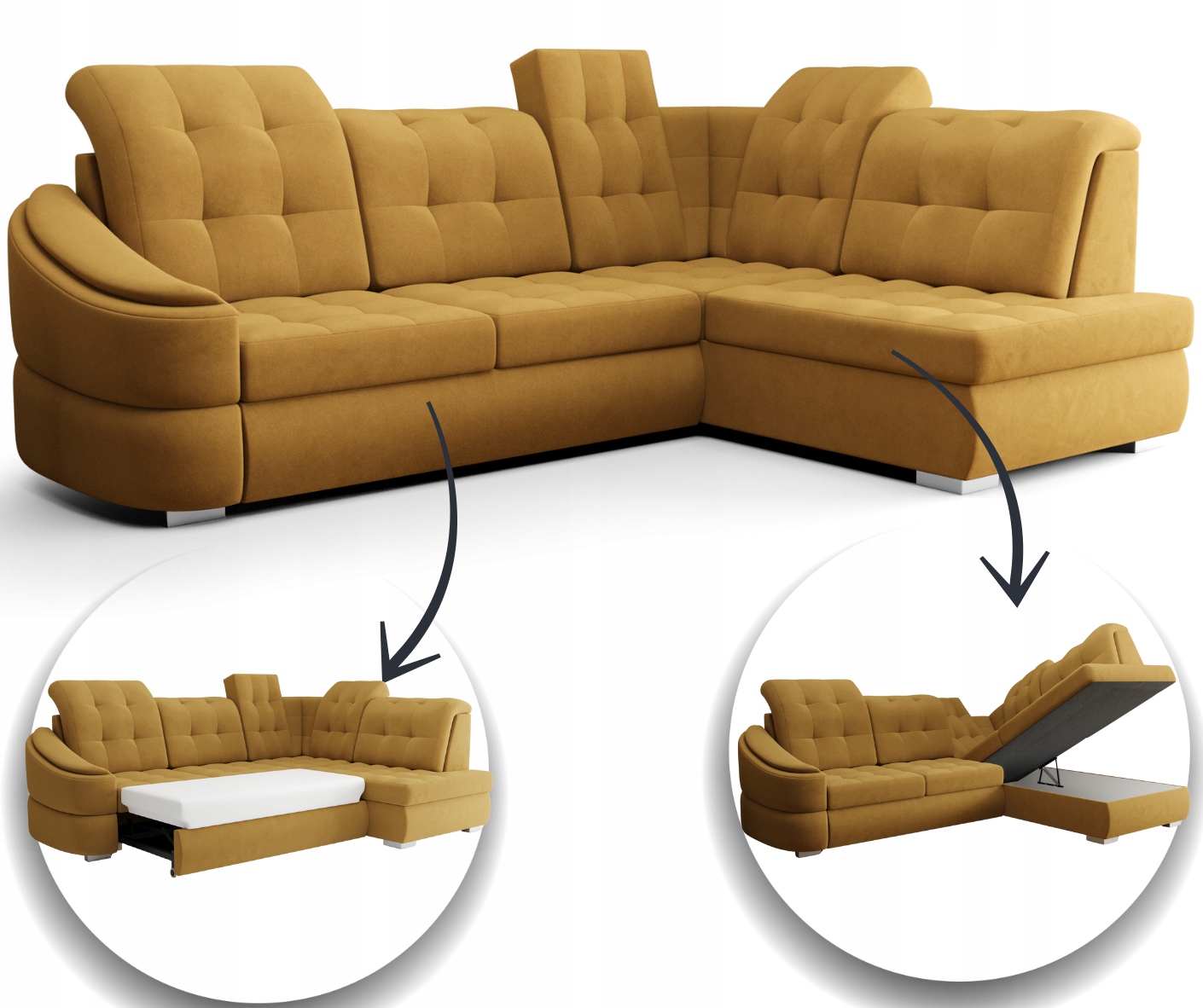 Rohová Sedací Souprava Rozkládací 260X200 Nastavitelné Opěrky Hlavy Skladová Nabídka Franco