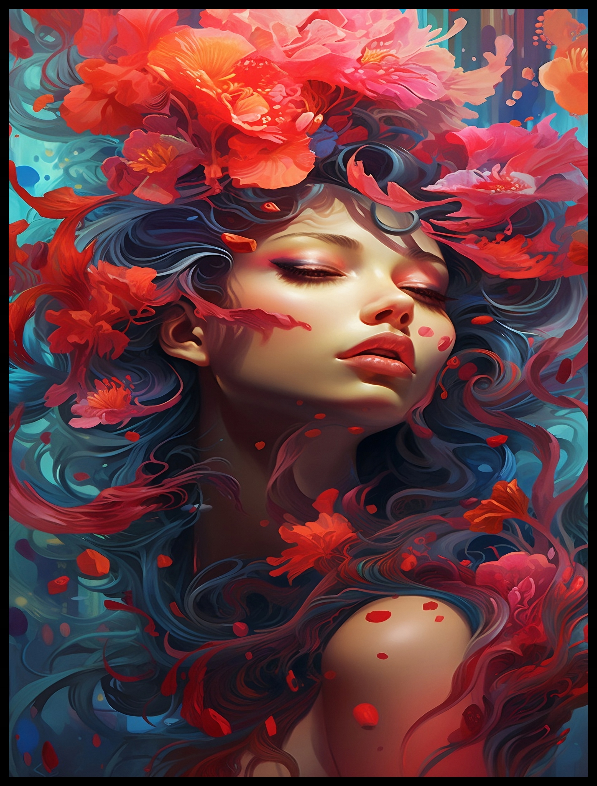 Plakat na Ścianę Obraz Kwiaty Kobieta Abstrakcja 70x100 cm Premium ElliveX