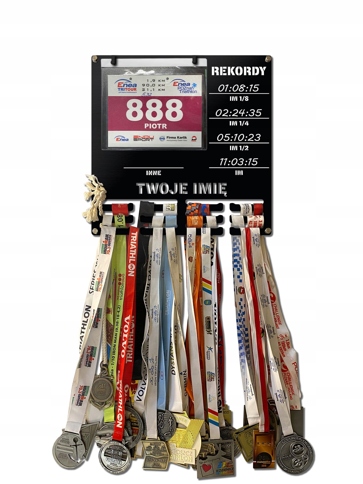 Wieszak na medale i numery startowe Rekordy Triathlon twoje imię 350.1
