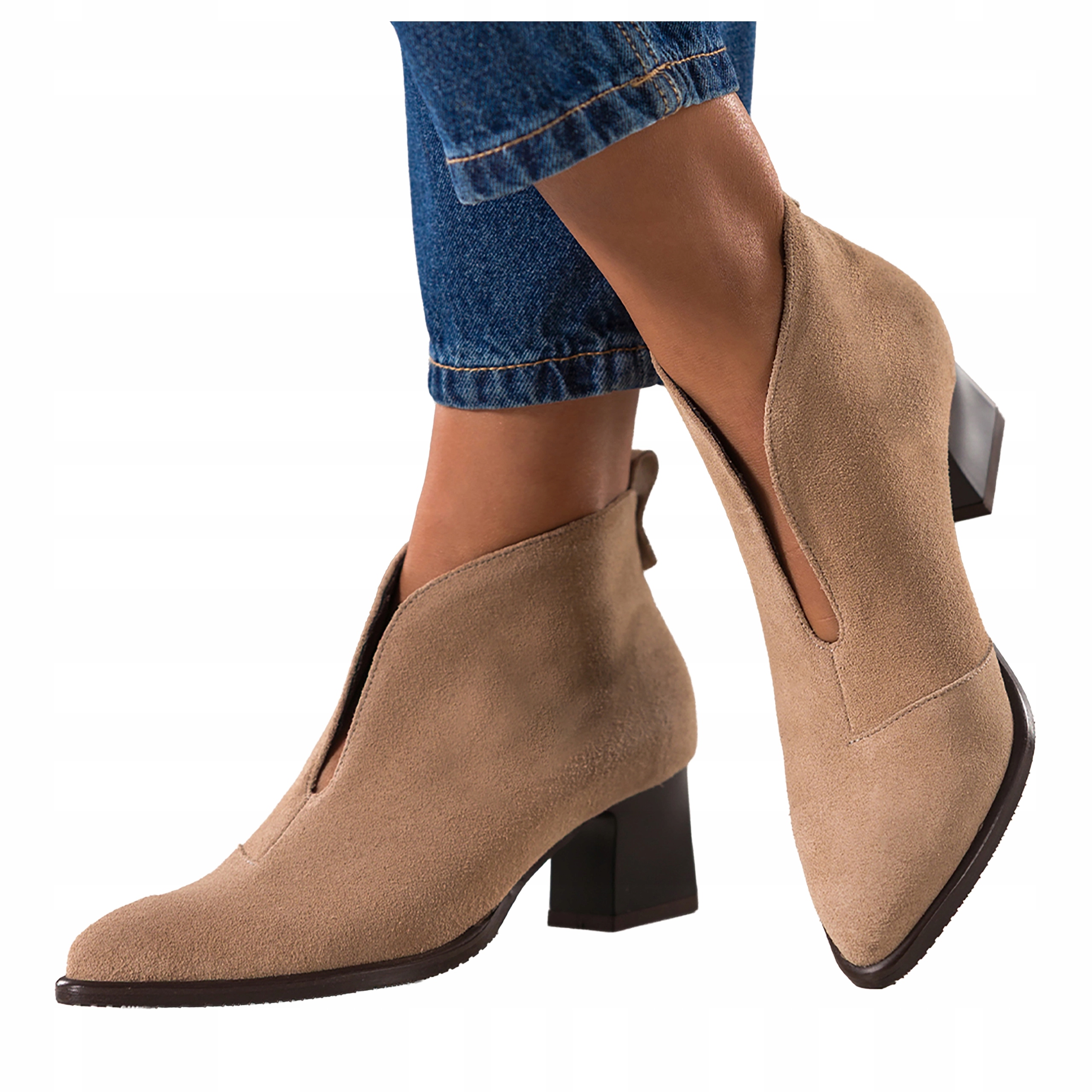 Kotníkové Boty Béžové Dámské Kožené S Výřezem Široký Podpatek Módní S Ozdobou vel. 40