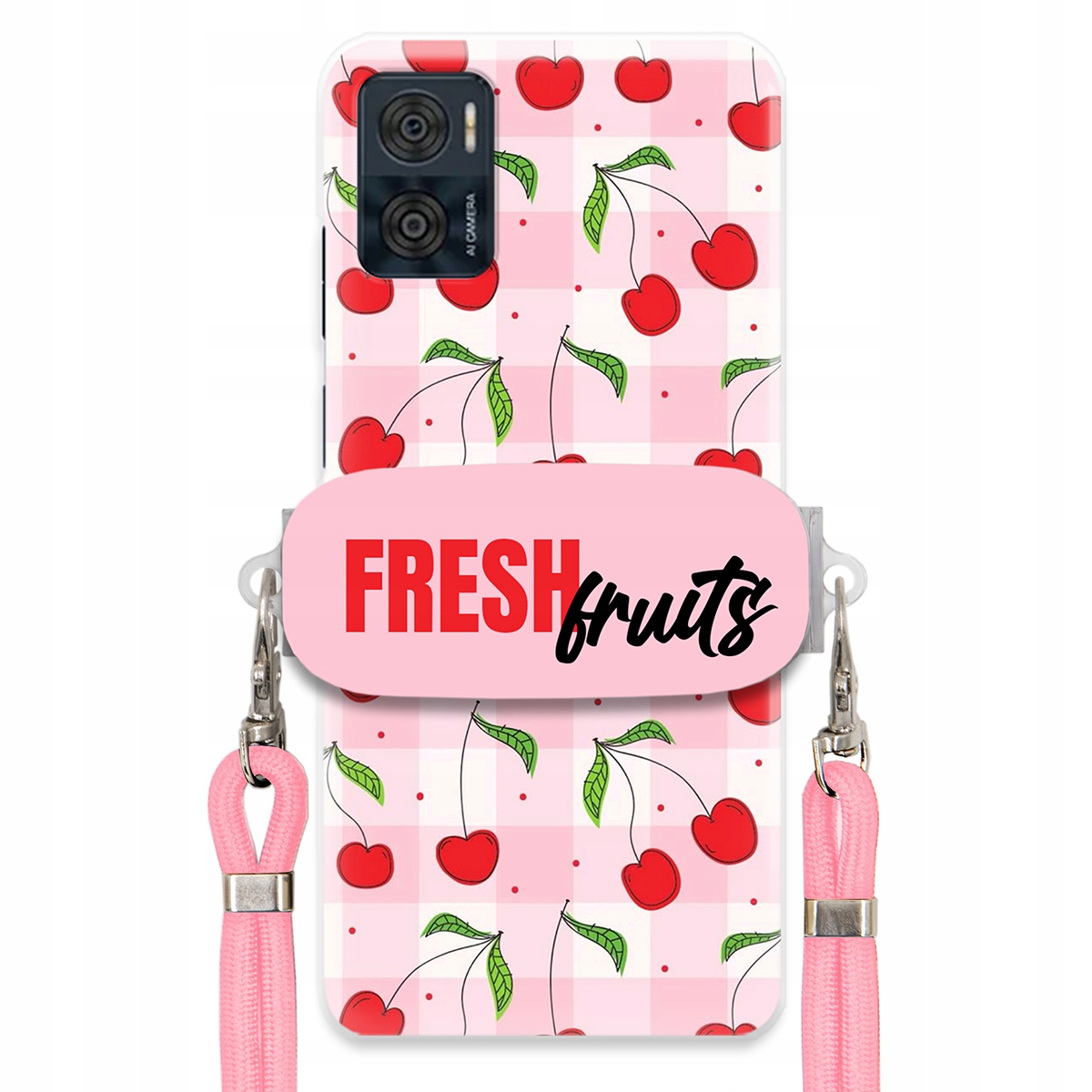 Puzdro pre Motorola E22i Case držiak na šnúrku Ružový Fresh Fruits Mriežka