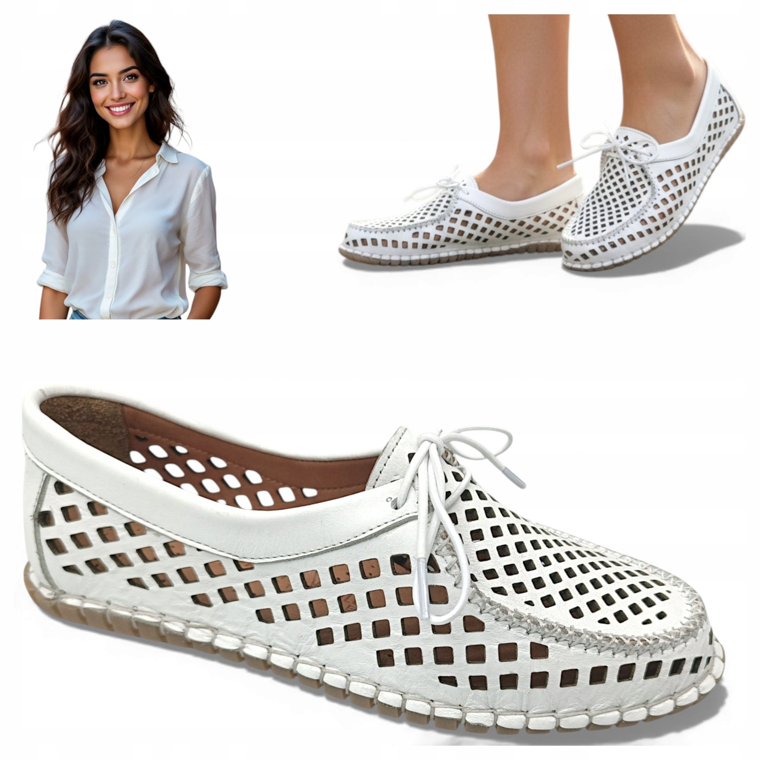 39 Loretta Vitale Sznurowane Buty Damskie Skóra Naturalna Oddychające Białe