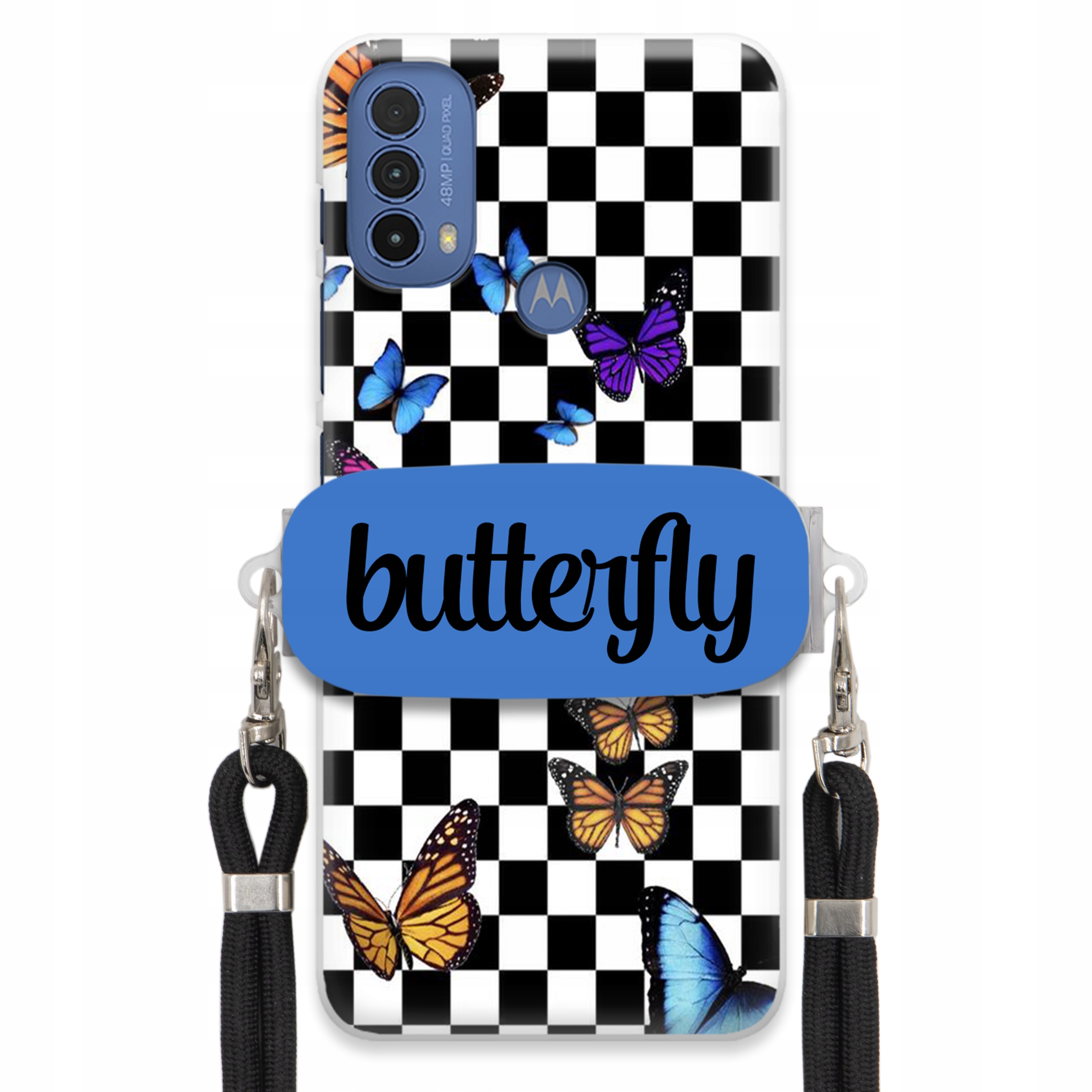 Puzdro Pre Motorola E30 Case Obdĺžnikový Držiak Čierne Vodítko Butterfly Motýle