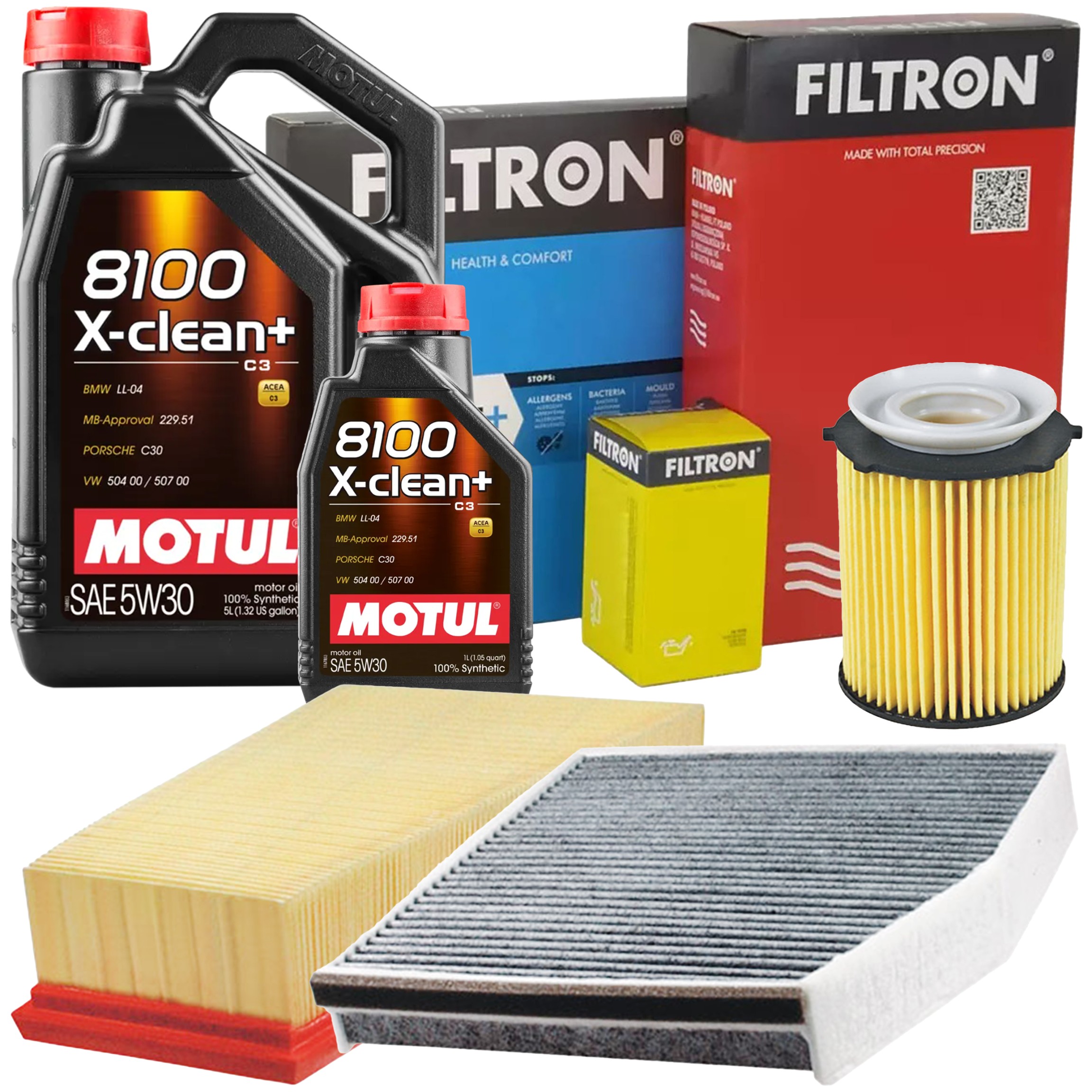 Sada filtrů Mercedes W176 Filtron 3 filtry olej Motul 5W30 XClean+ 6L