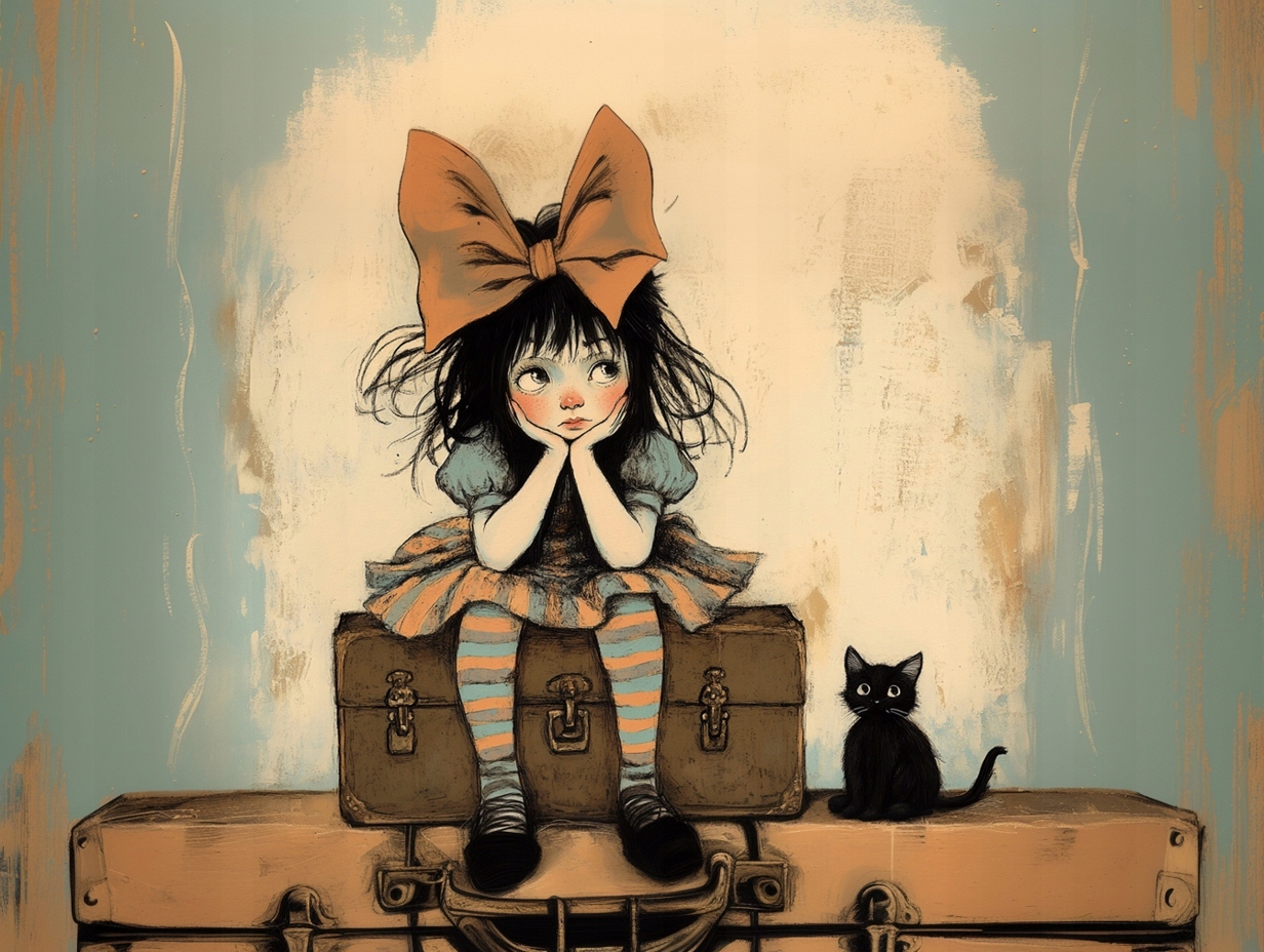 Obraz Na Plátně Canvas Dívka Černá Kočka Kufry Retro Foch 80x60