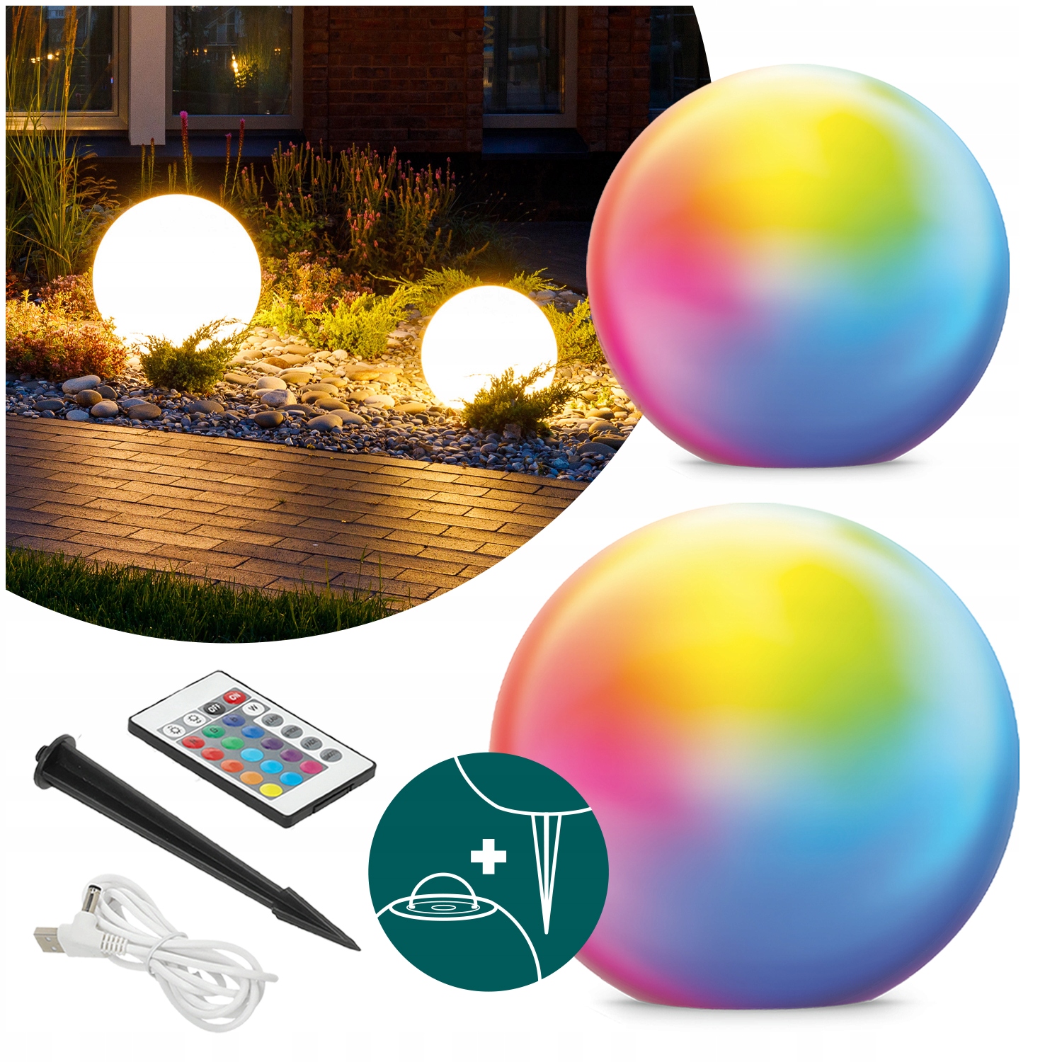 2x Solárna guľa Led lampy 30 cm, 40 cm do záhrady Rgb Usb+ 3000K Pilot