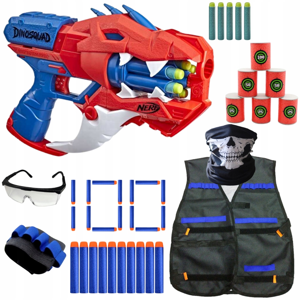 NERF PISTOLET DINOSQUAD RAPTOR KARABIN STRZAŁKI MAGAZYNEK KAMIZELKA OKULARY