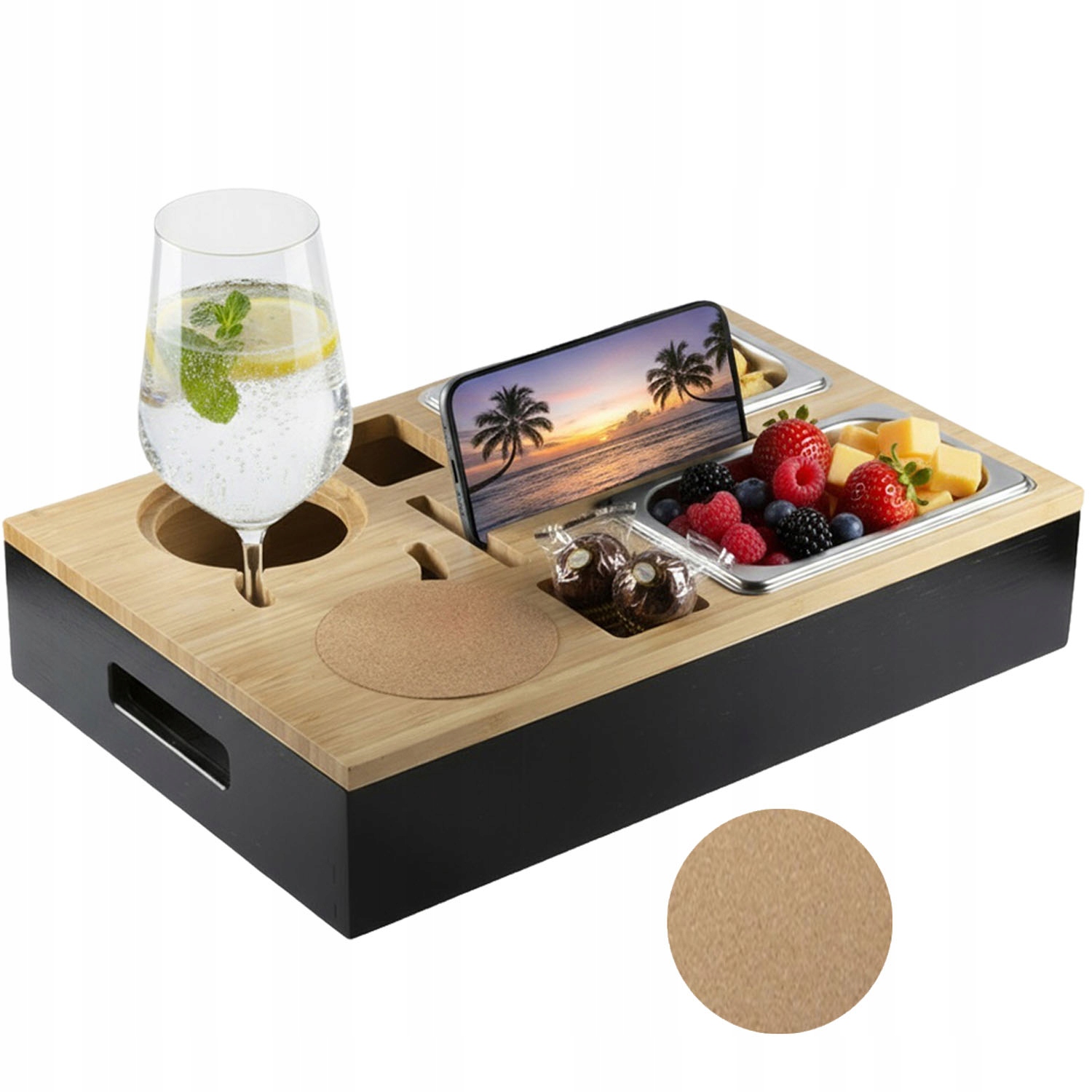 Bambusový podnos na pohovku Bedee Barová Skříňka Kávový organizér na pohovku s podstavcem