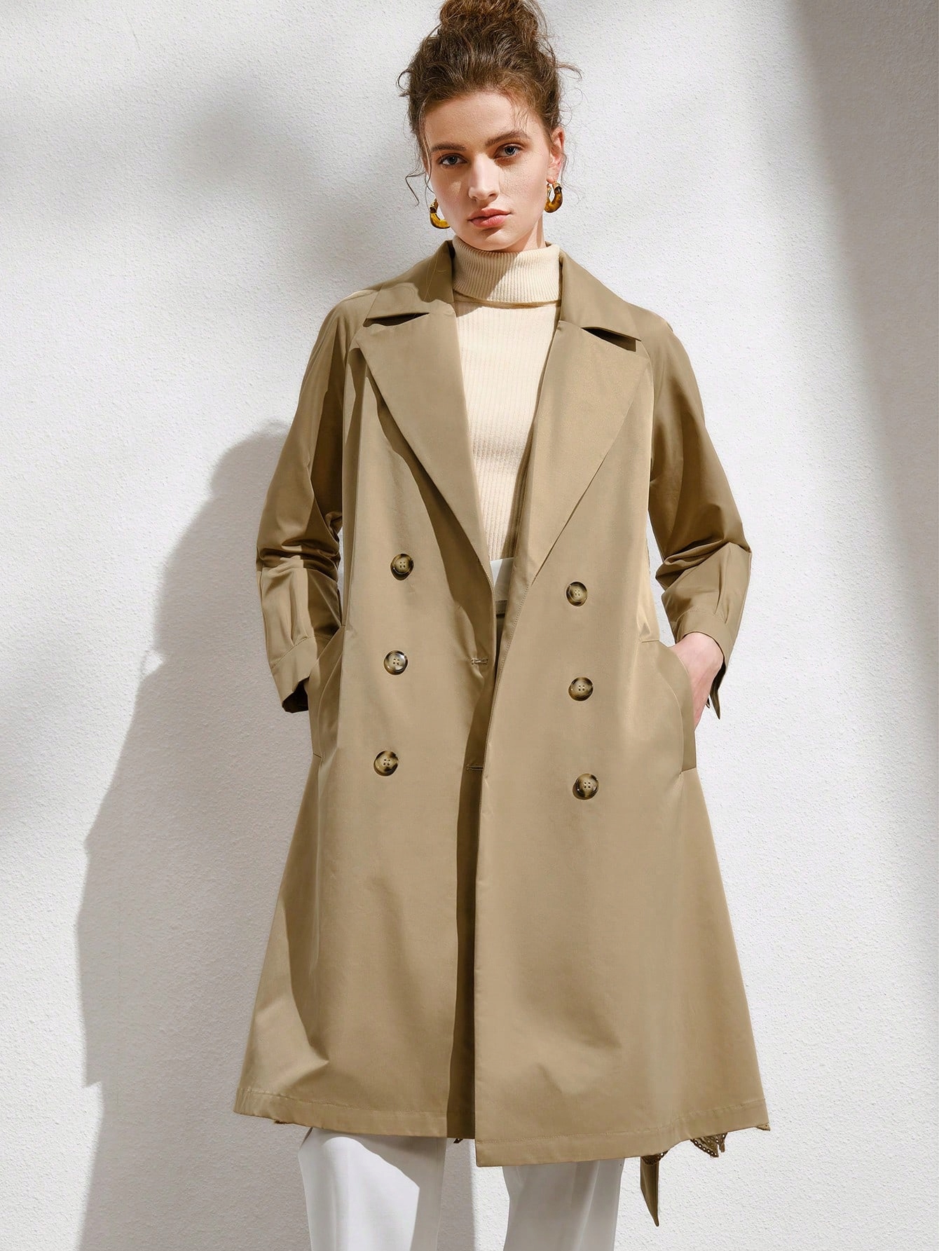 Dámský Dvouřadý Svetr MIDI Camel Casual Shein, Velikost 38