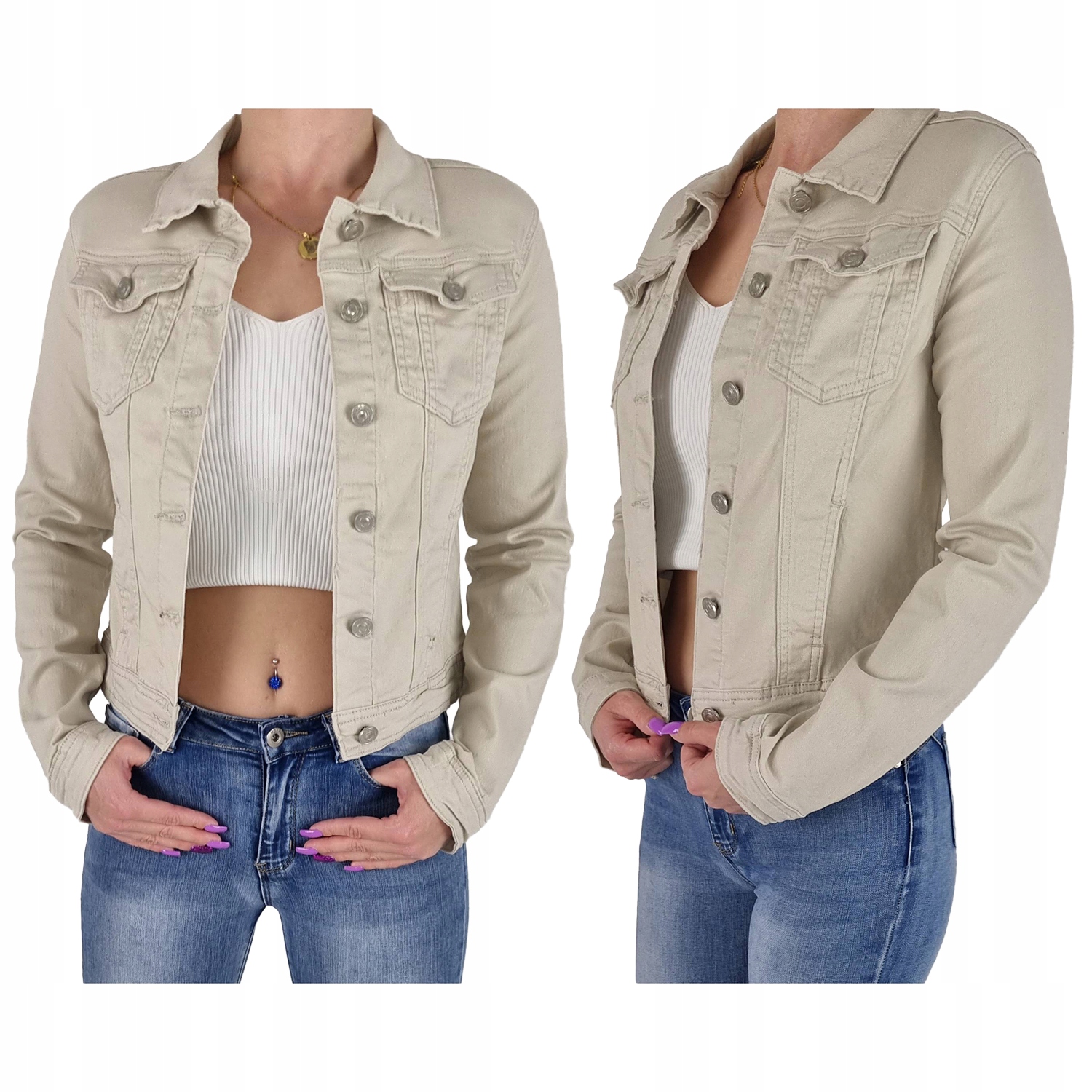 Damska Klasyczna Kurtka Modna Katana Jeansowa Beżowa 46/3XL