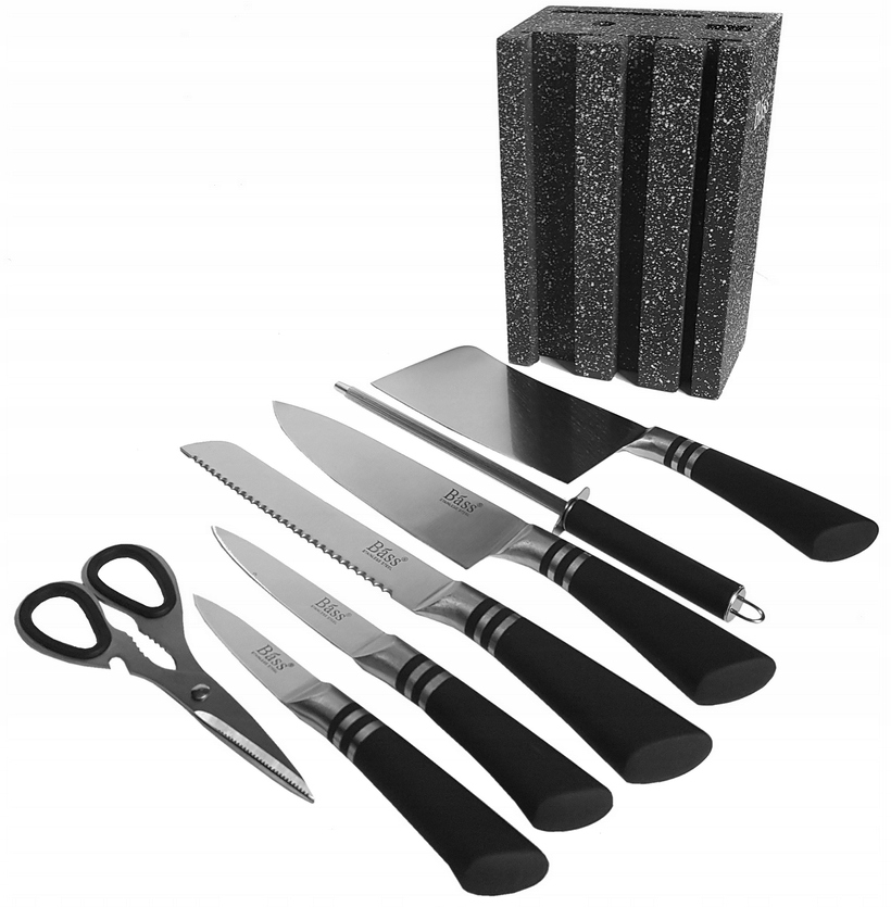 KOMPLET NOŻY KUCHENNYCH W BLOKU 5X noże w stojaku SZEFA KUCHNI tasak nożyce Marka Bass