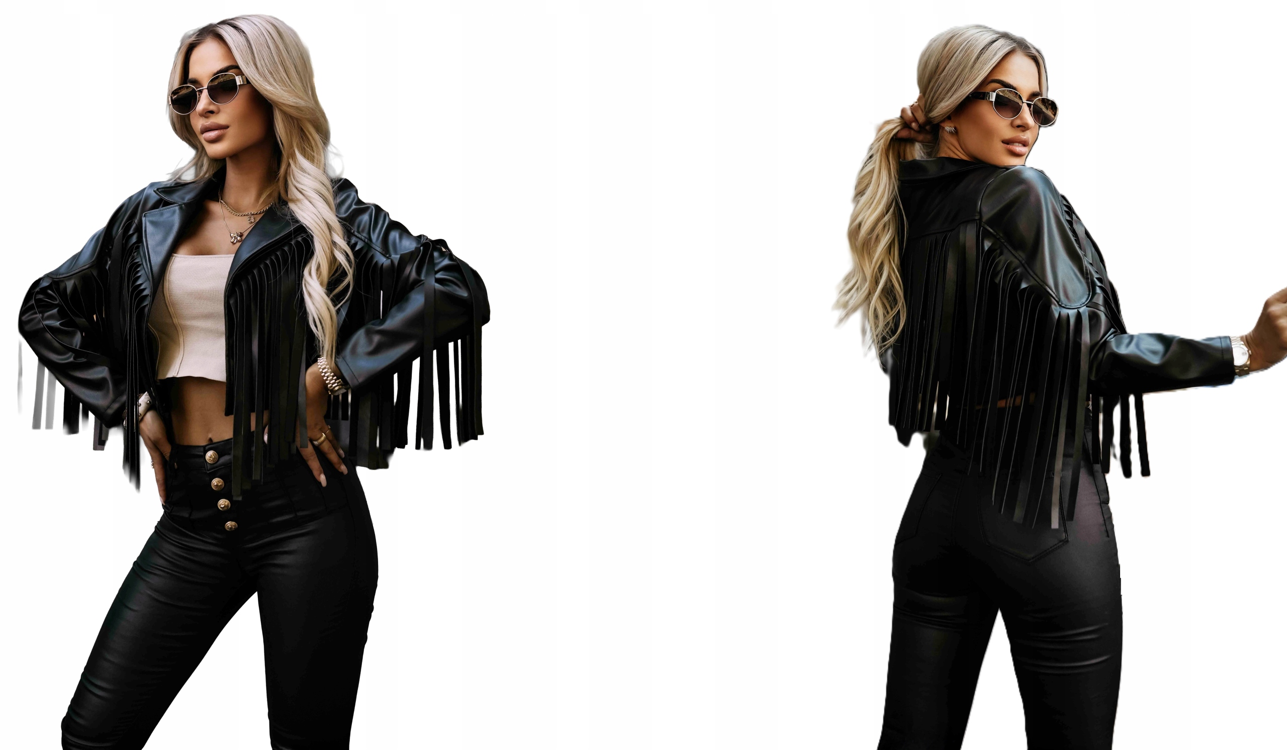 Velmi Krátká Ramoneská Bunda S Dlouhými Střapci, Černá