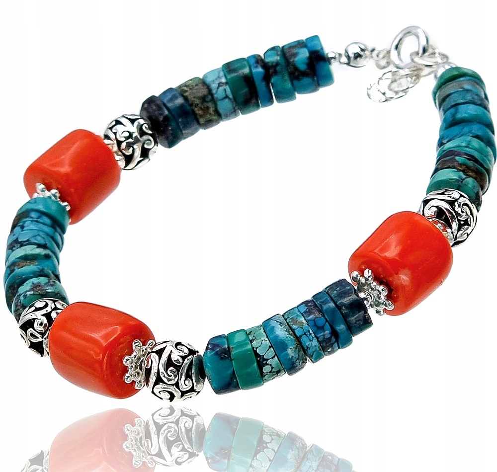 Krásný náramek z přírodního korálu a tyrkysu Stříbro