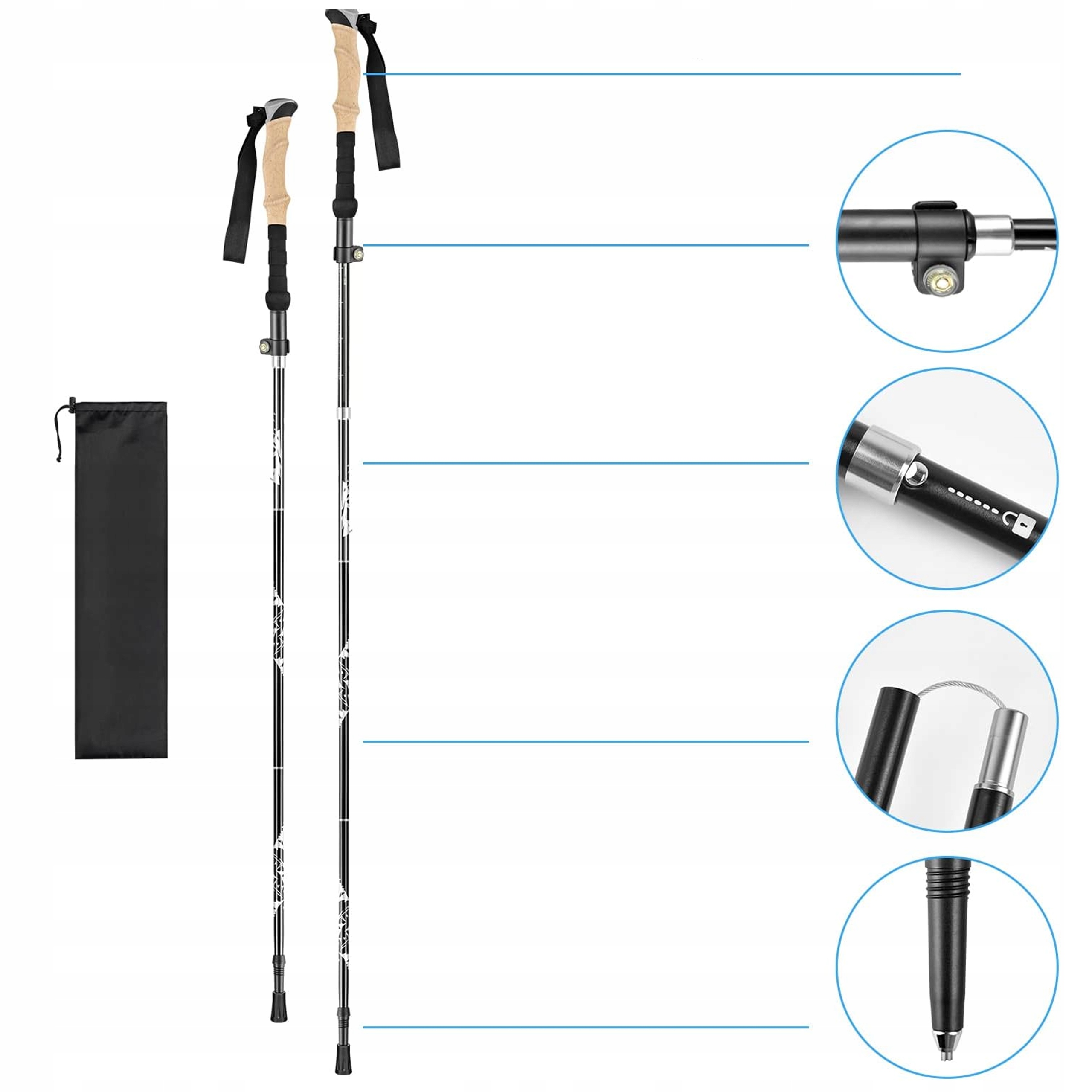 KIJE TREKKINGOWE SKŁADANE REGULOWANE KIJKI W GÓRY TURYSTYCZNE ALUMINIOWE Rączki korkowe