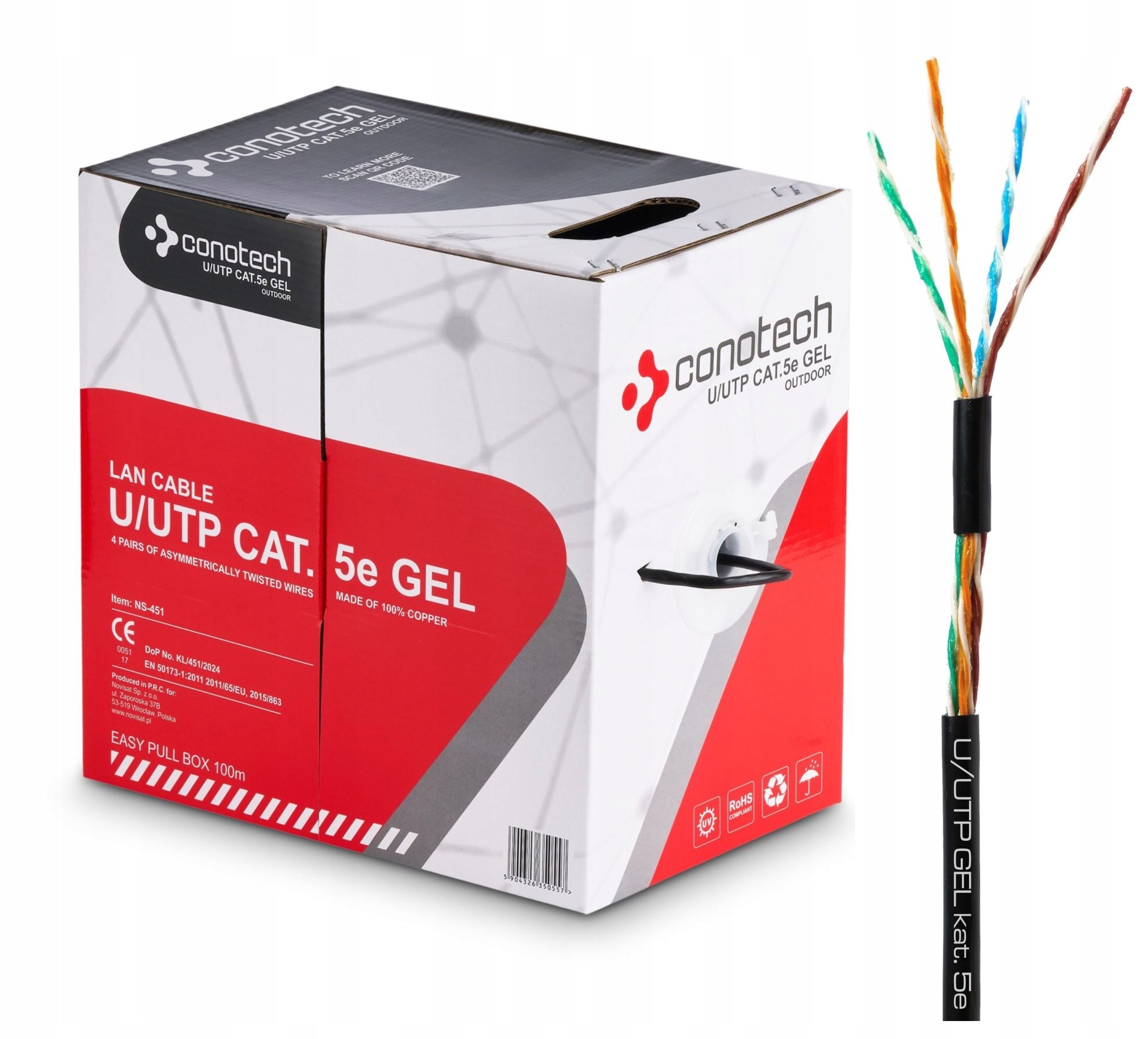 Kabel Lan Utp Zewnętrzna Skrętka Miedziana Cu Pe 100m Żelowana do Internetu