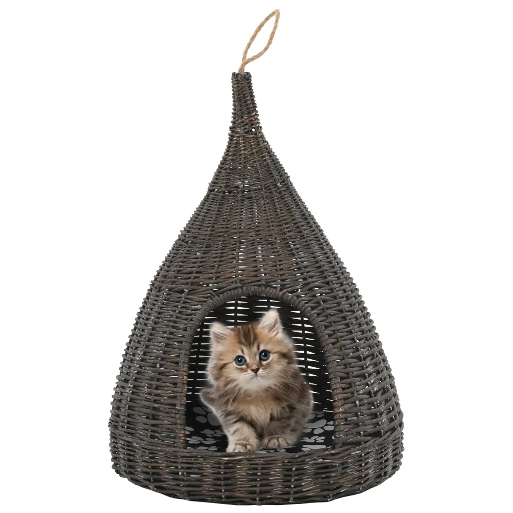 Levně vidaXL Domeček pro kočky s poduškou šedý 40 x 60 cm přírodní vrba týpí