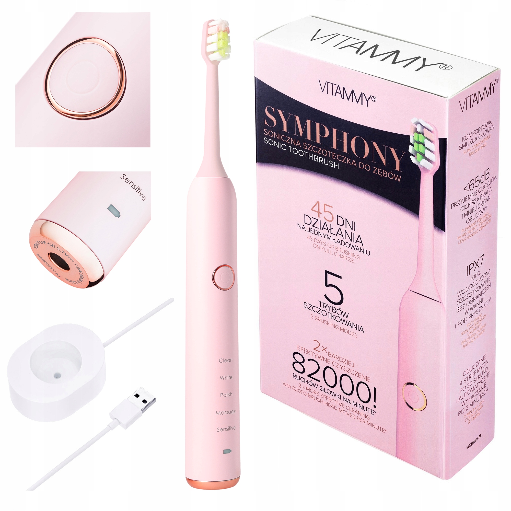 Szczoteczka soniczna VITAMMY Symphony różowa dla dzieci 5 trybów