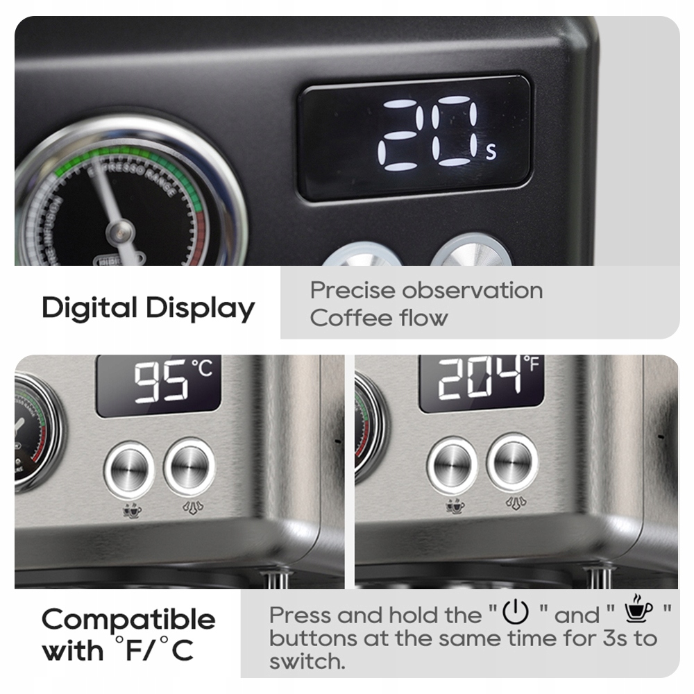 EKSPRES DO KAWY PÓŁAUTOMATYCZNY LED CYFROWY 1350W 20BAR HIBREW H10A czarny Moc 1350 W