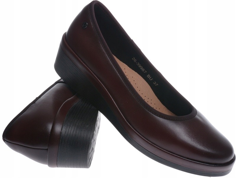Bordowe Półbuty Damskie Czółenka Skórzane Koturn bordowe 38