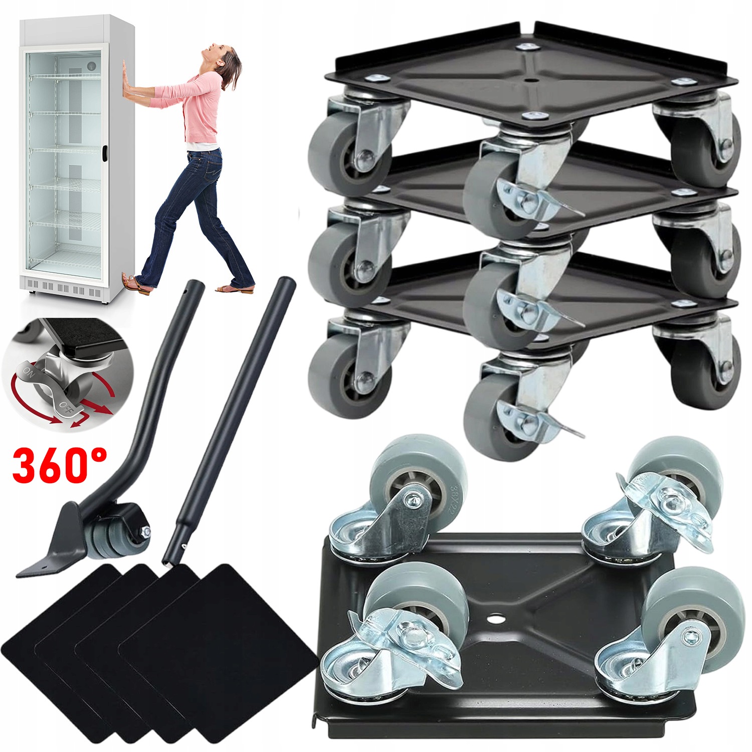 4X Sada Stěhovacích Válečků 800 Kg S Odolným Vozíkem 360° černá