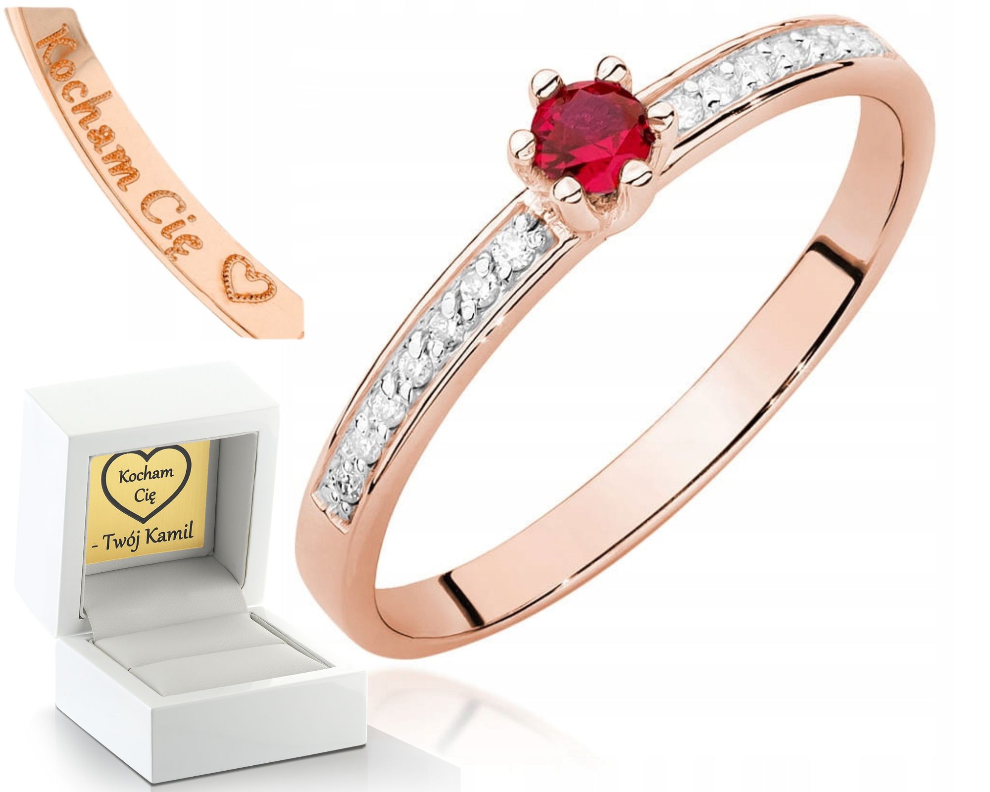 Zlatý Prstýnek Prsten S Rubín A Diamanty, Růžové Zlato 585, Gravírování