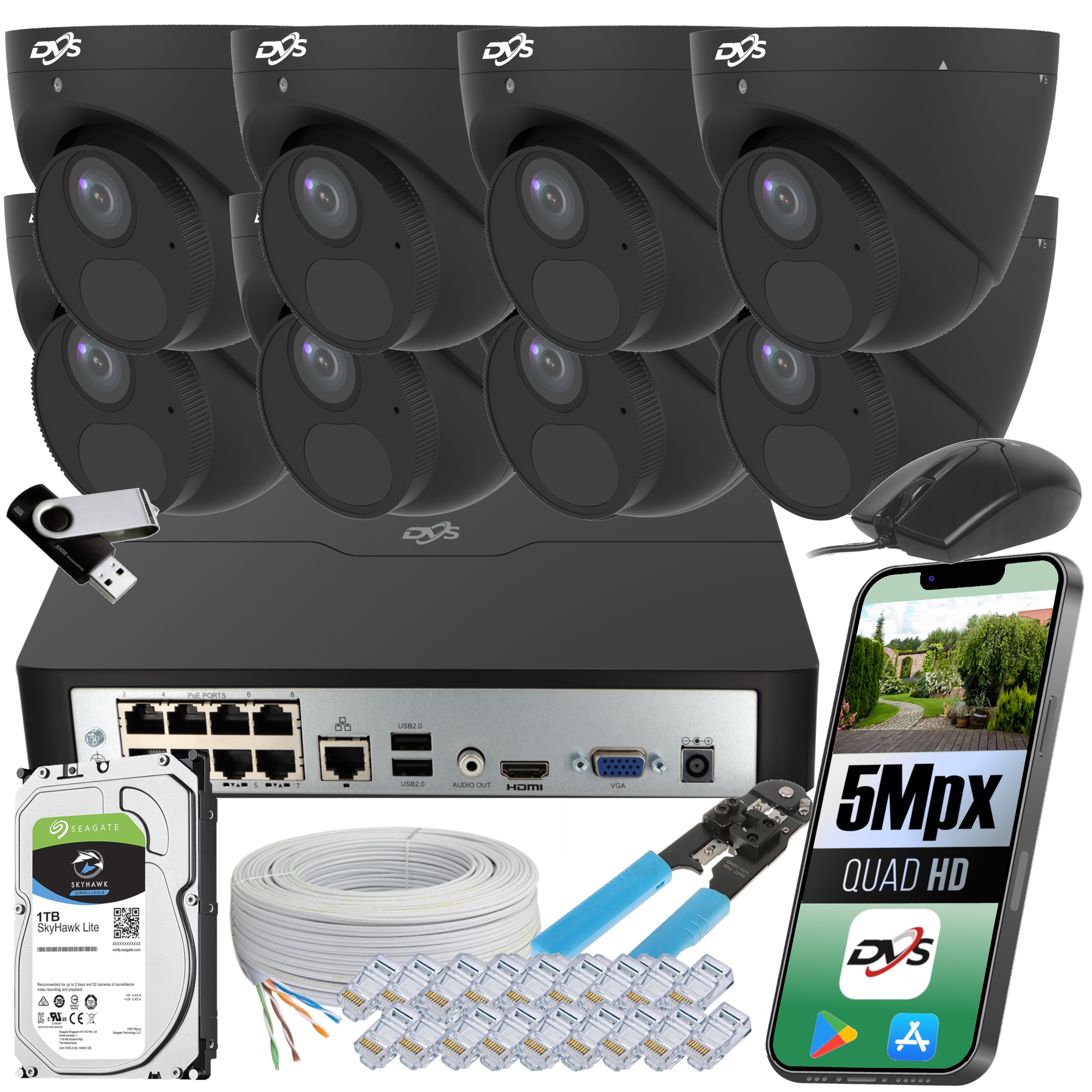 Sada pro venkovní monitorování, černé 5Mpx Ip Poe kamery Dvs Polska