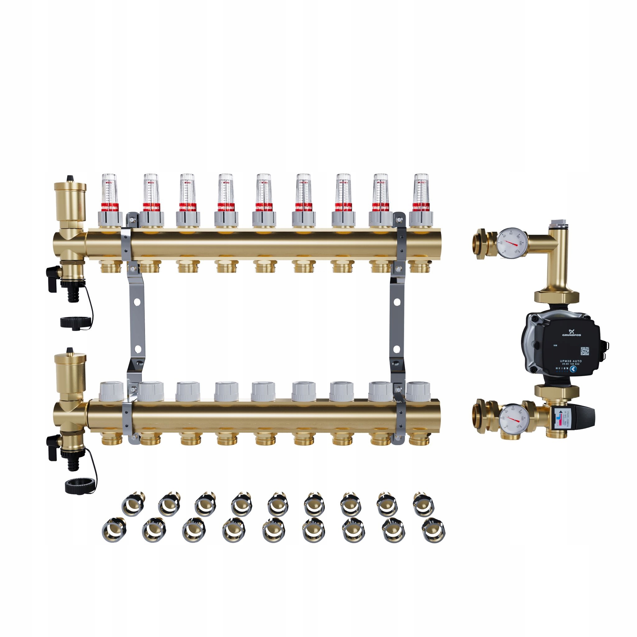 Rozdělovač pro podlahové topení 9 sekcí Pex Spojky Čerpadlo Grundfos