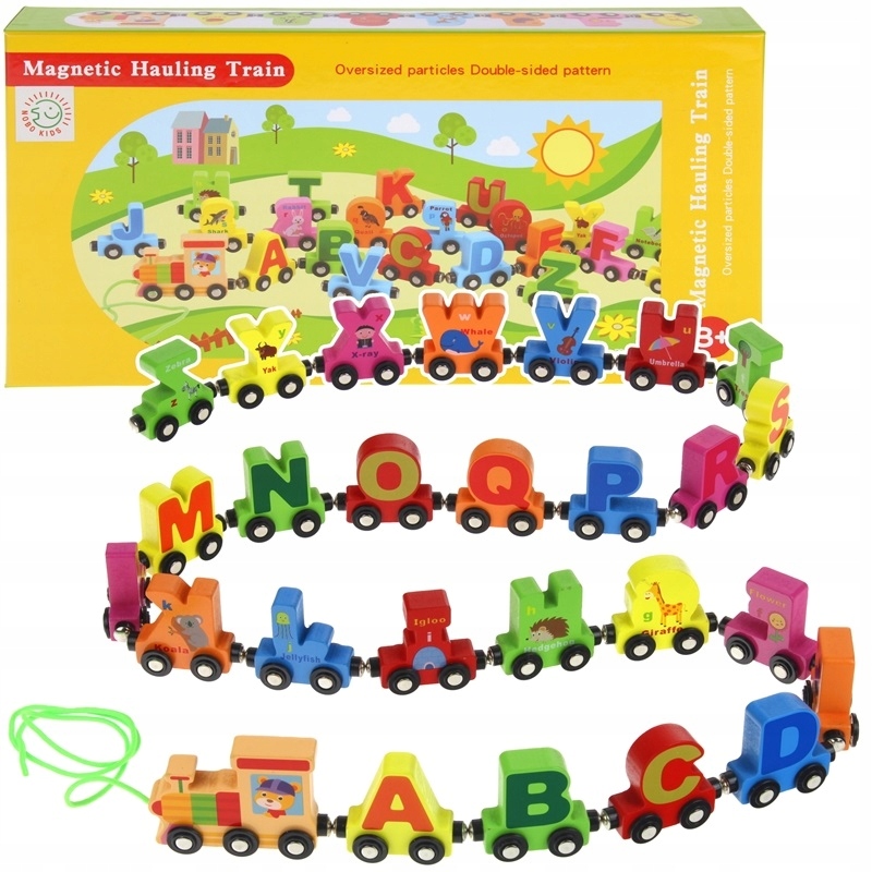 

Drewniany Pociąg Kolejka Alfabet 26 Wagony Literki