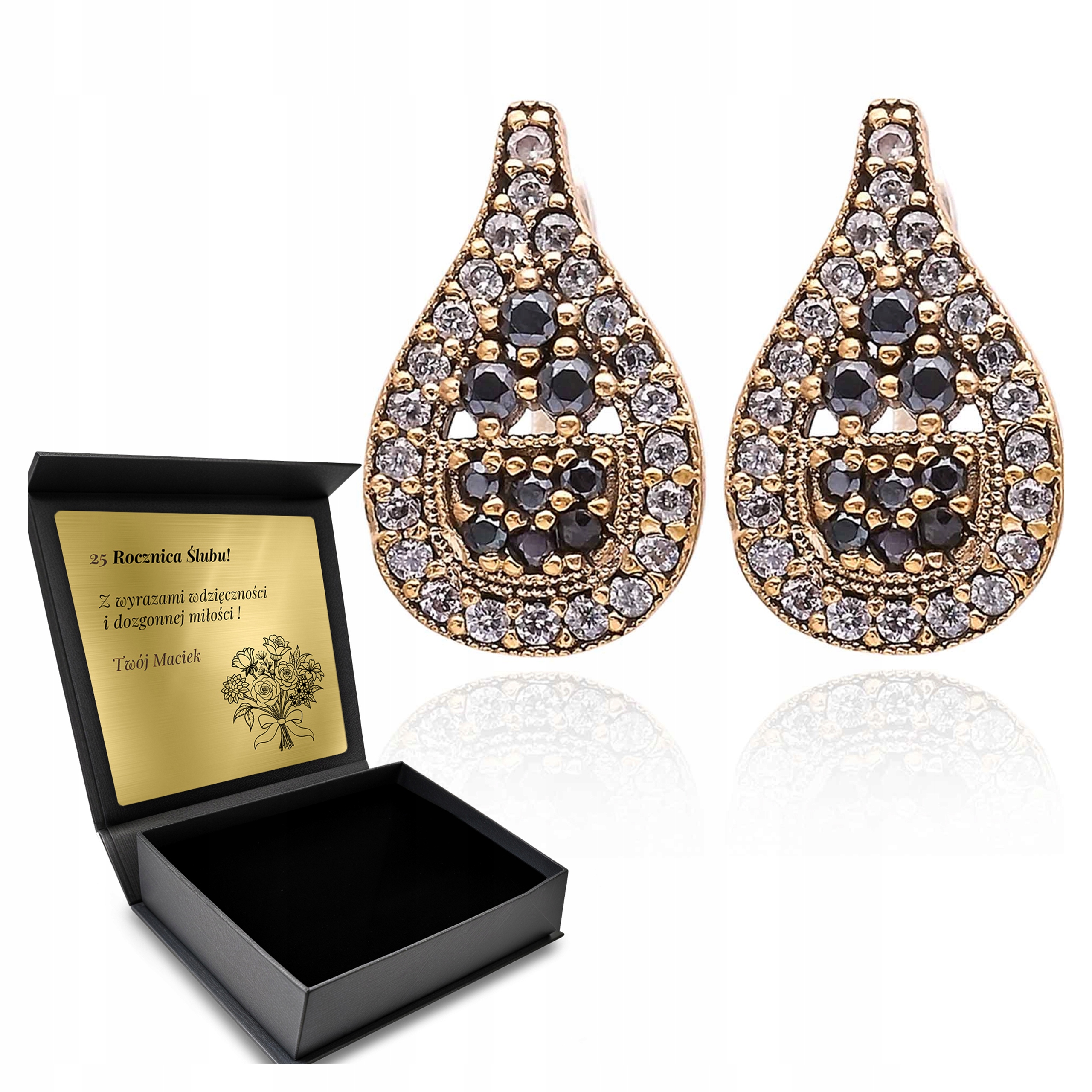 Stříbrné Náušnice 925 Zirkony Černé Dárek pro ženu Gravírování Bonus