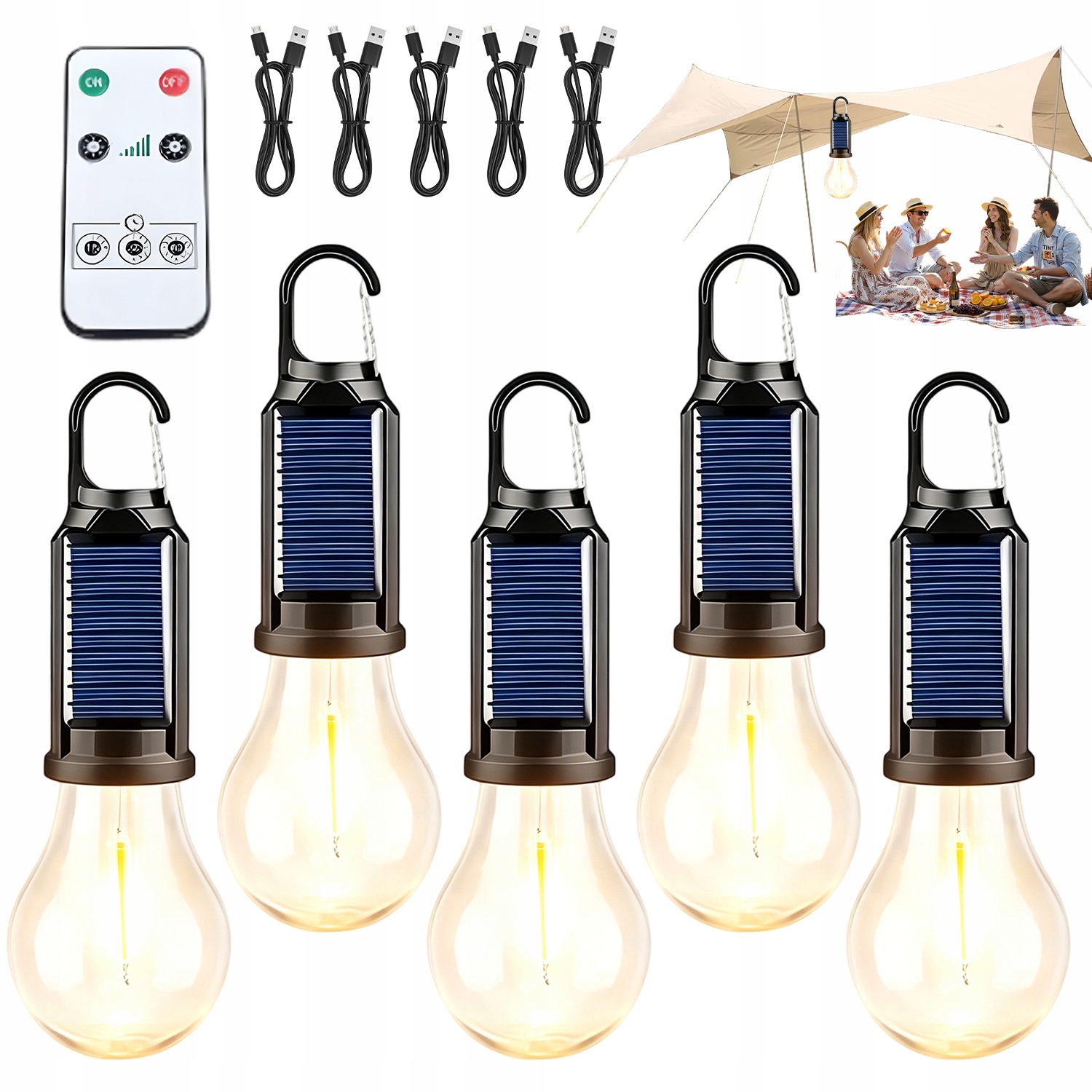Zestaw 5 latarek kempingowych Led z akumulatorem solarnym Lampa Turystyczna