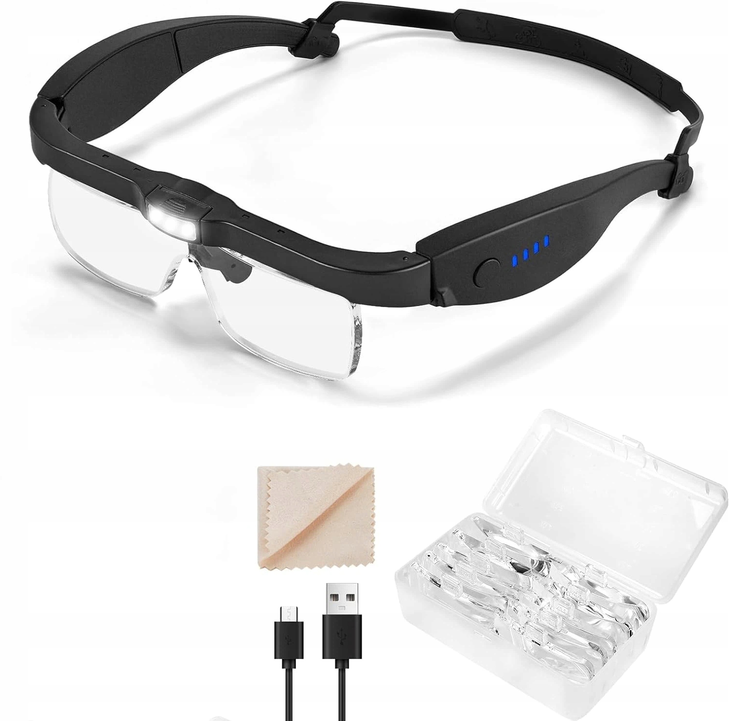 Okulary powiększające 4x z oświetleniem LED, lupa nagłowna USB do ładowania
