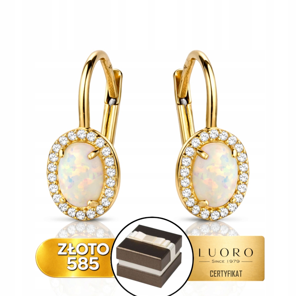 Náušnice Zlaté 585 14K Oválný Opál Zirkony Délka 18 MM Elegantní