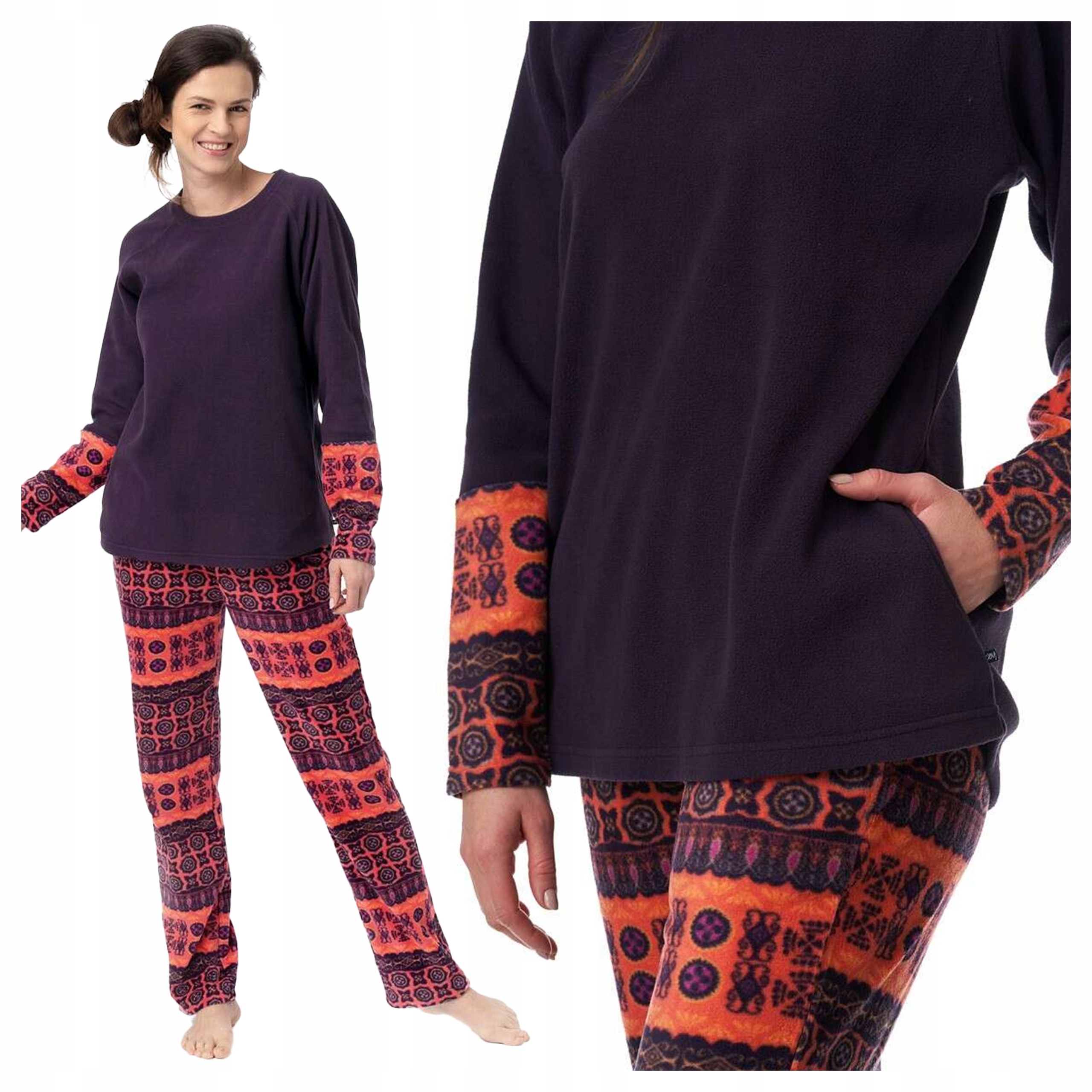 Volné teplé dámské dlouhé vzorované pyžamo s kapsami B23, tmavě modré, velikost L