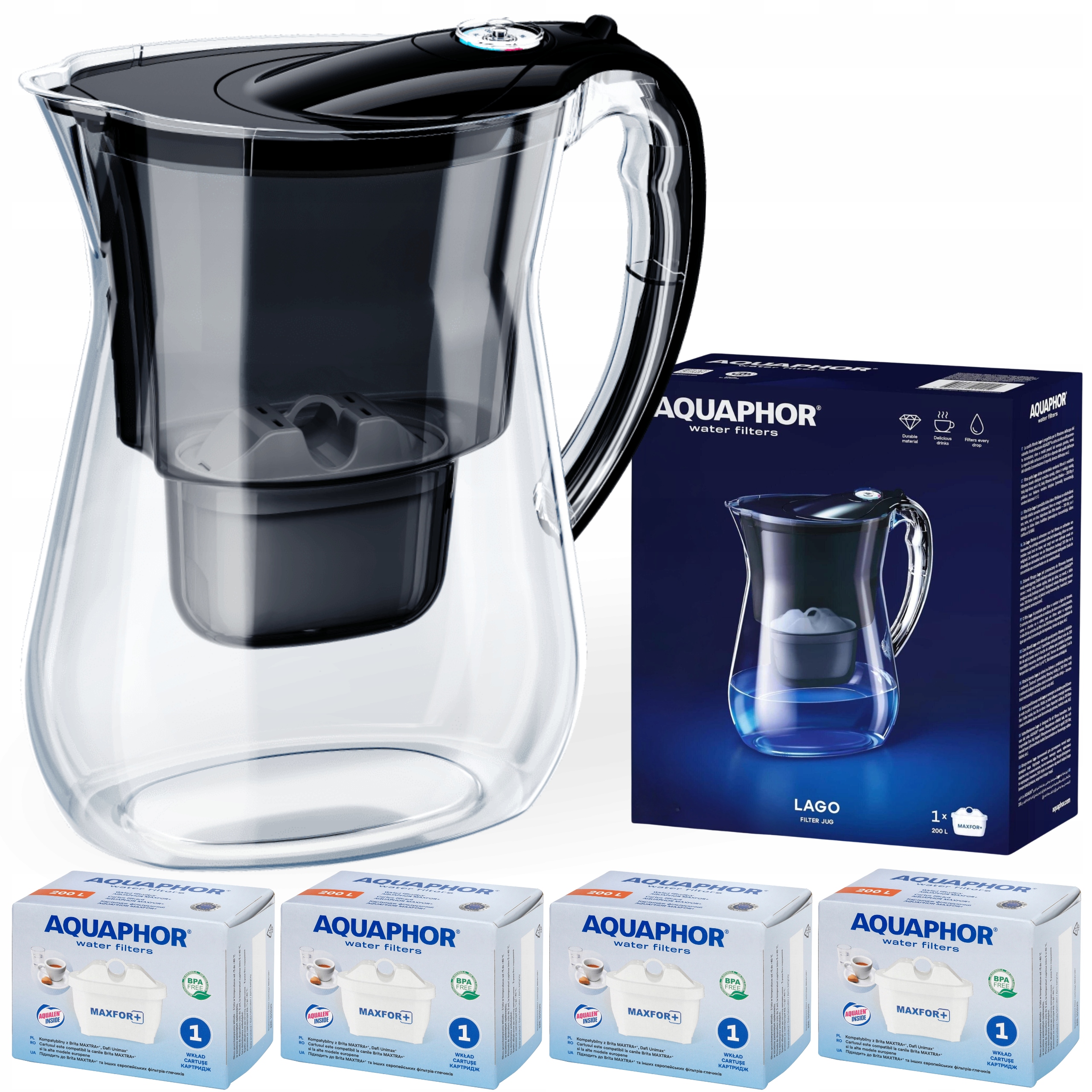 Dzbanek filtrujący wodę Aquaphor Lago Czarny 3.8L, 4 wkłady węglowe Maxfor+