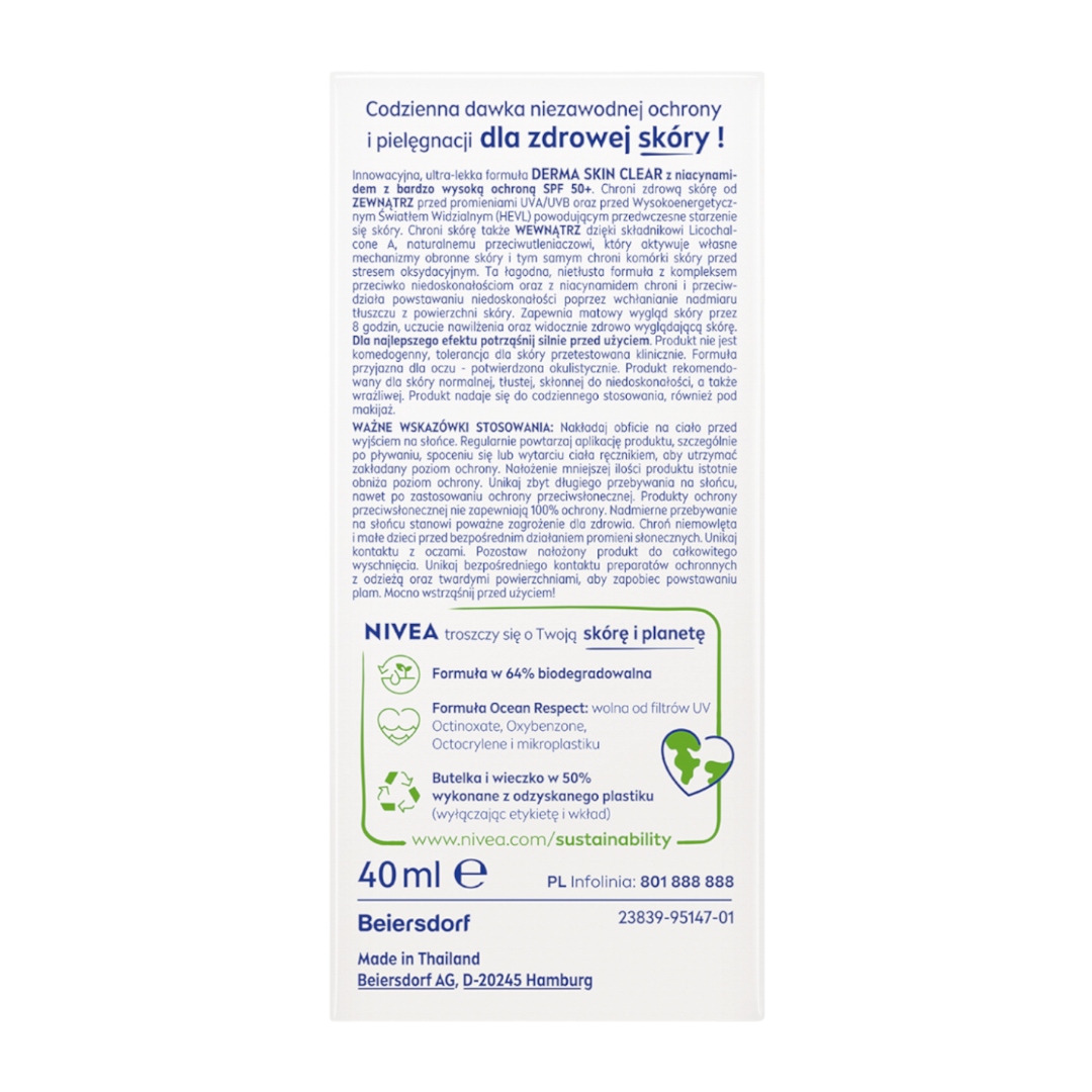 Nivea Sun Derma Skin Clear SPF 50+ 40 ml Fluid podkład do twarzy na słońce EAN (GTIN) 4006000063393