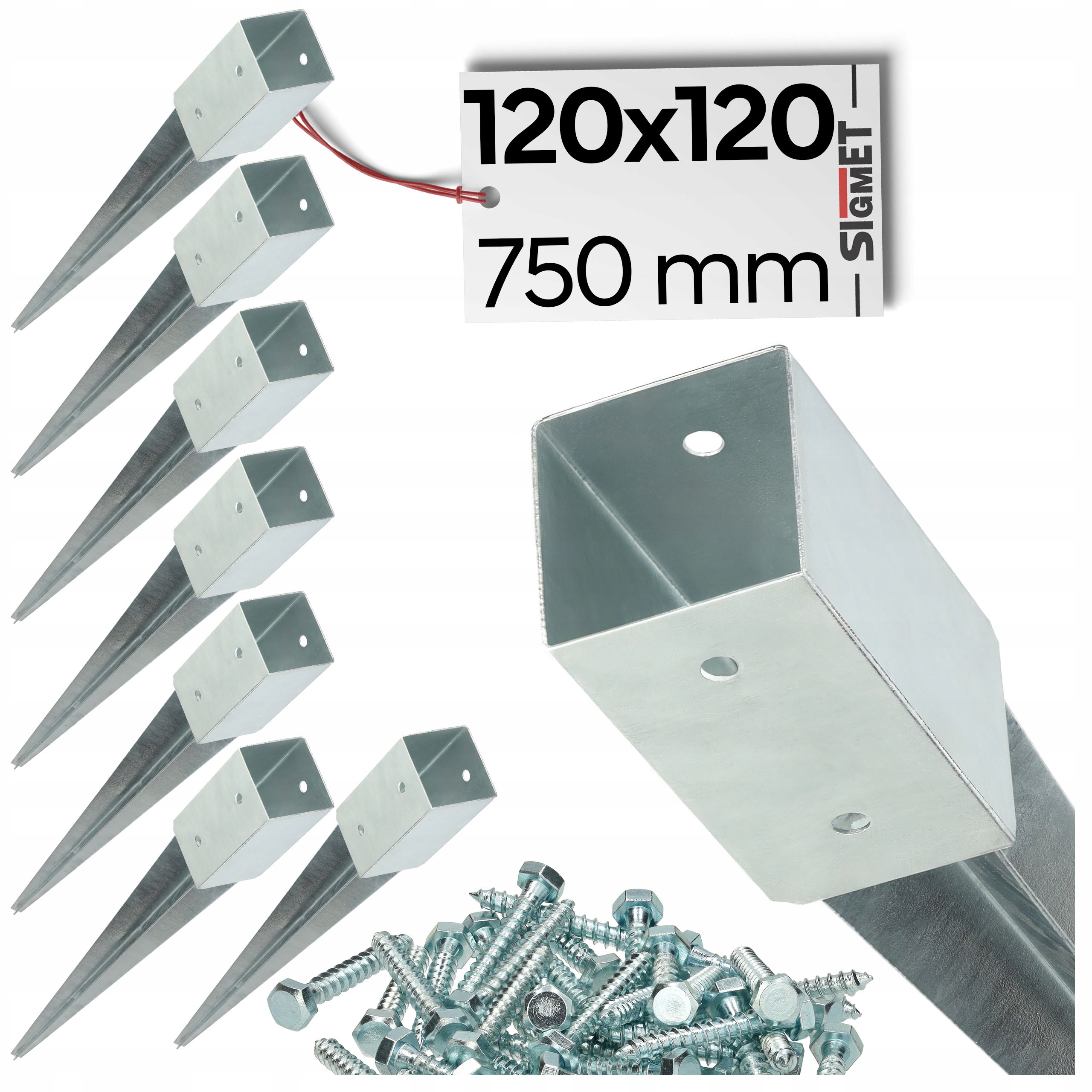 8 x základňa stĺpika zatĺkacia kotva 120 x 120 750 mm pozinkovaná skrutky na montáž