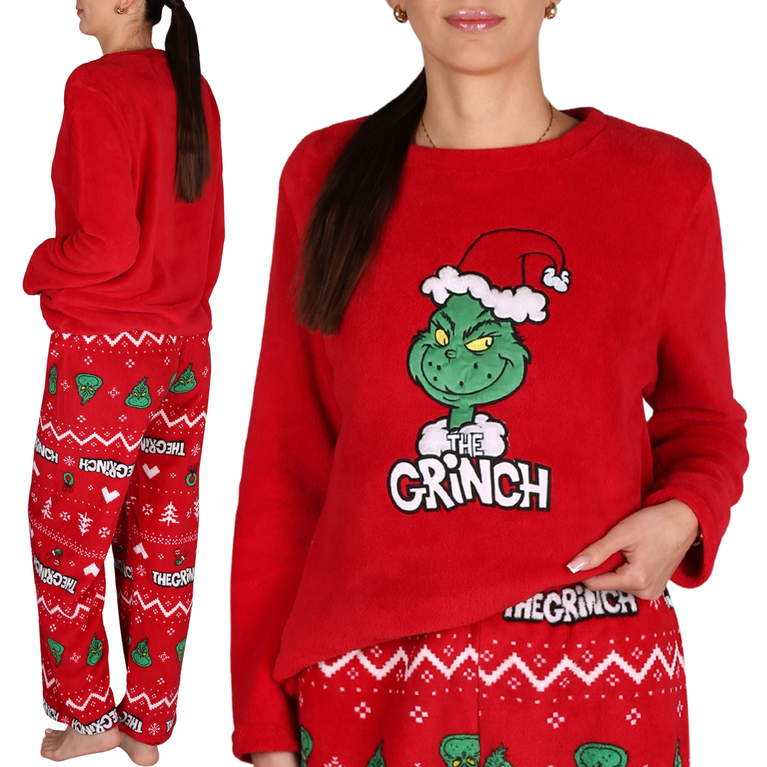 Vánoční dámské pyžamo Grinch, červené, dvoudílné, Teplé Fleece S