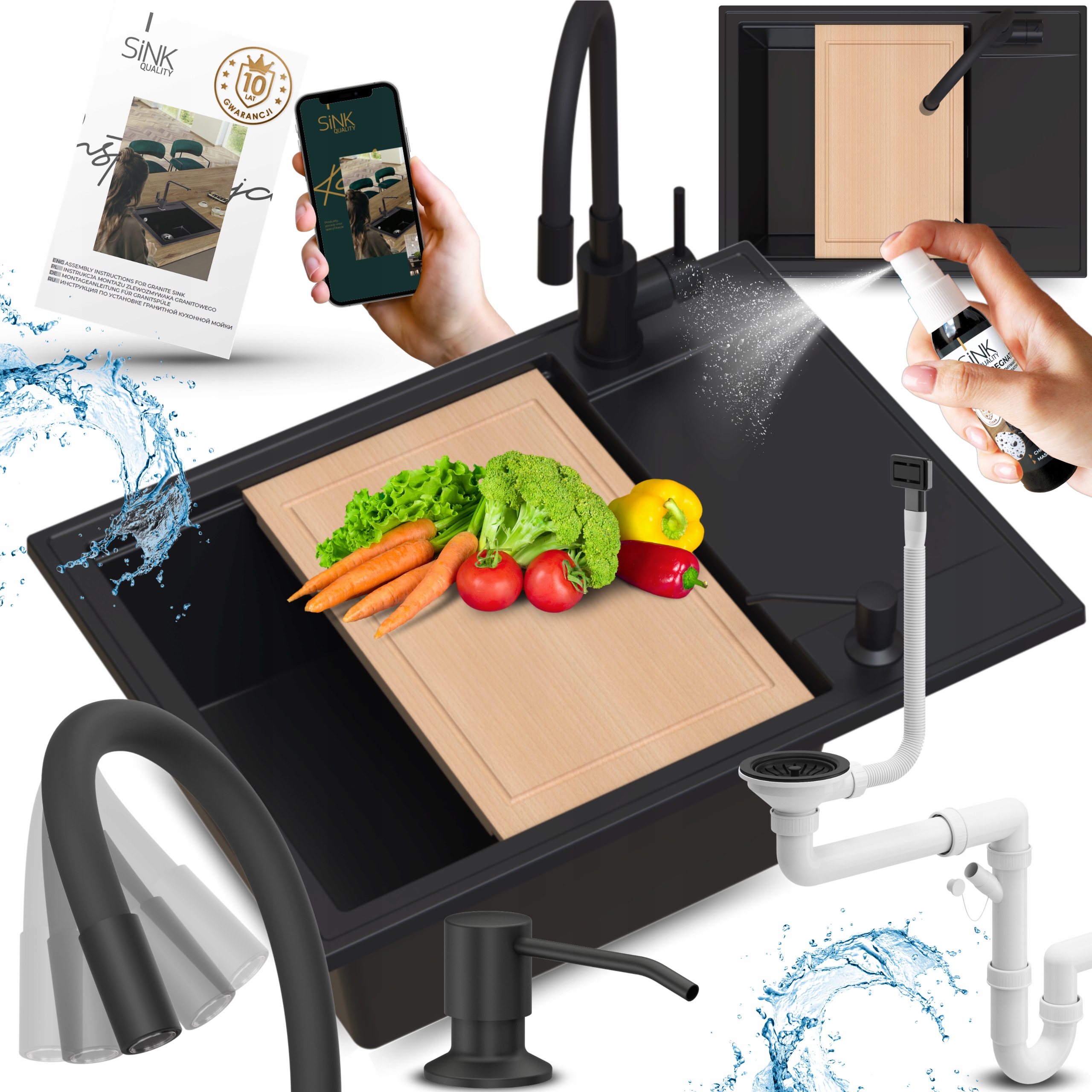 Granitový Jednokomorový Drez Čierny S Krátkym Odkvapkávačom Doska 10v1