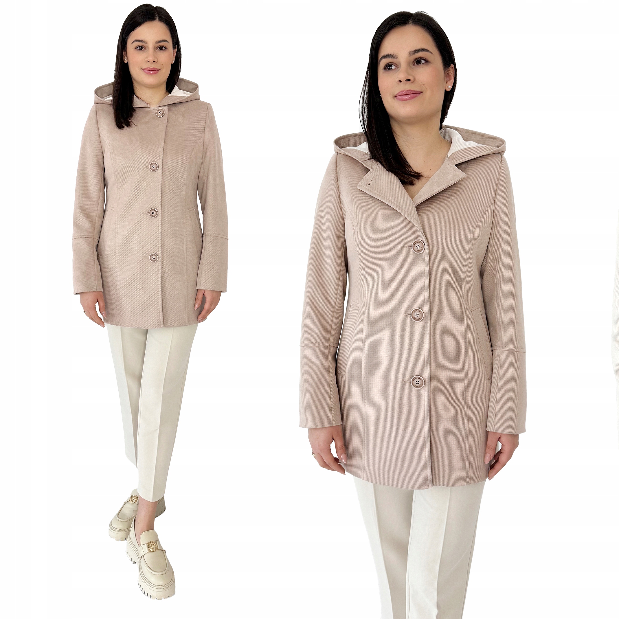 Jarní kratší kabát/bunda s kapucí, lehká na knoflíky, Béžová, velikost 42