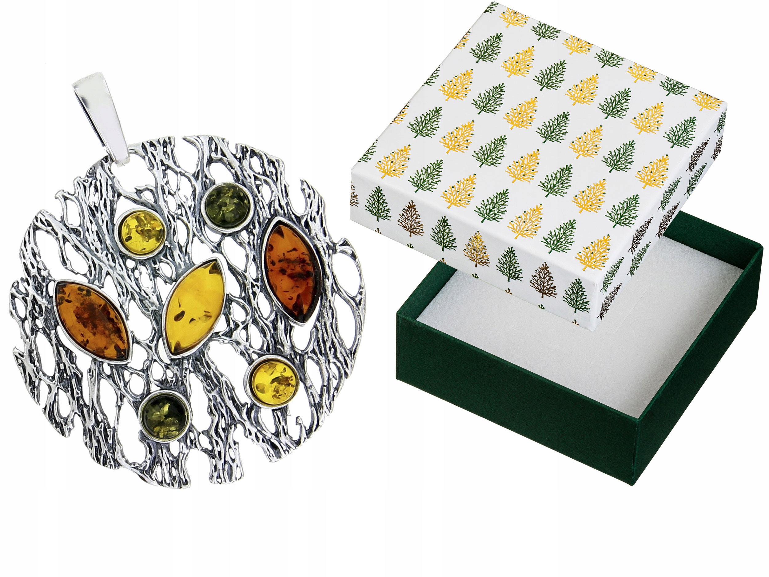 Velký stříbrný přívěsek s jantarem Kulatý Oxidovaný ažurový Přívěsek Kolečko