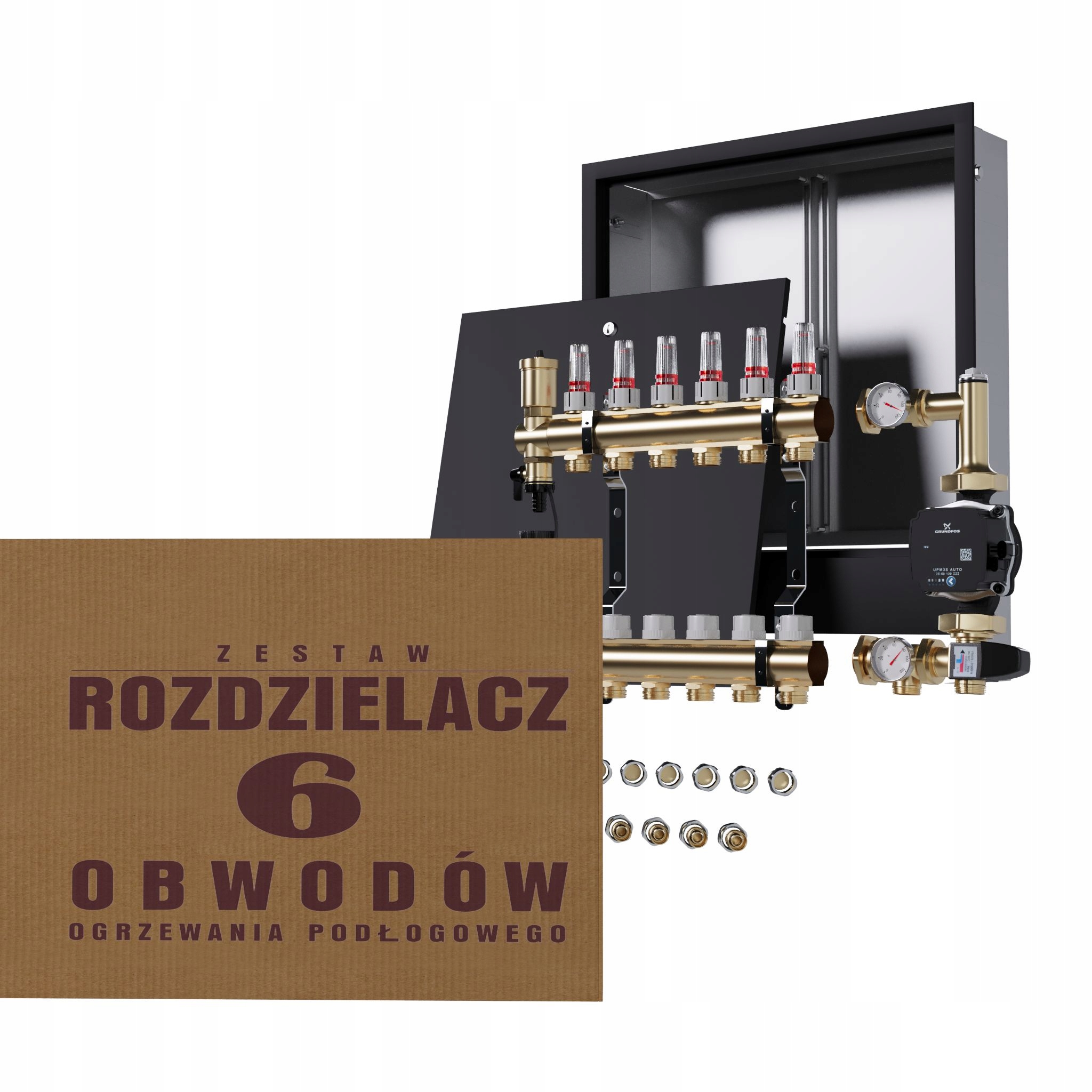 Rozdělovač pro podlahu 6 čerpadlo Grundfos podomítková skříňka černá Pex