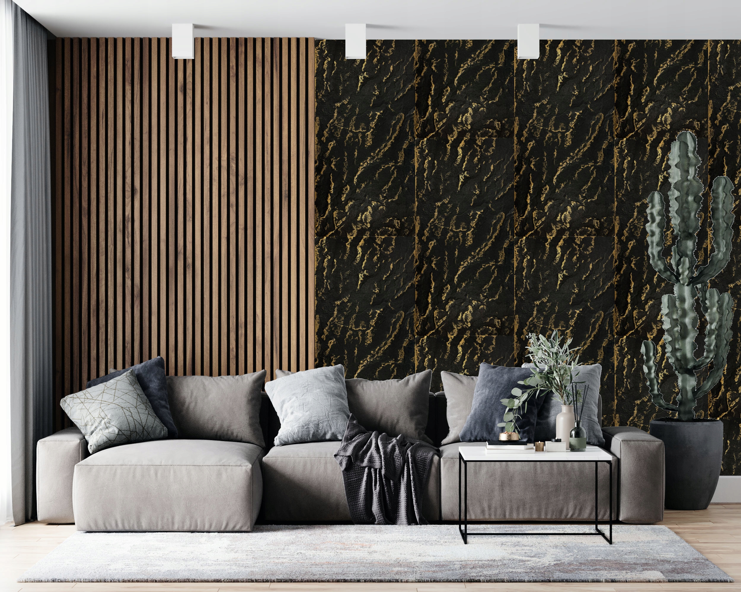 Panele Ścienne Kamień Naturalny beton CZARNY Złoty imit. 3D 0,5m2 GŁAZ C-Z