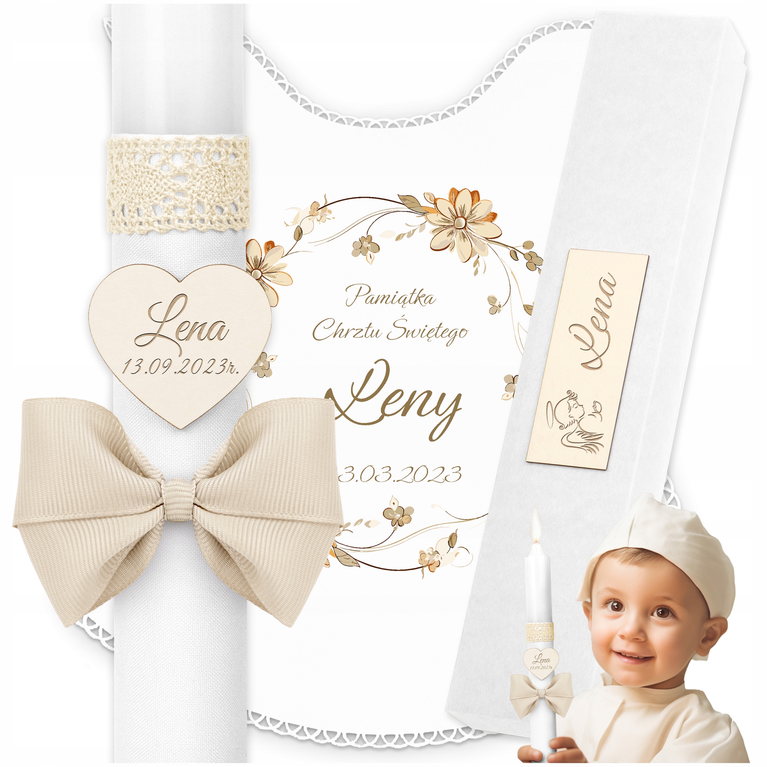 Szatka i Świeca do Chrztu Świeca Chrzest Pudełko Pamiątka Chrztu * IHS * Rodzaj świeca