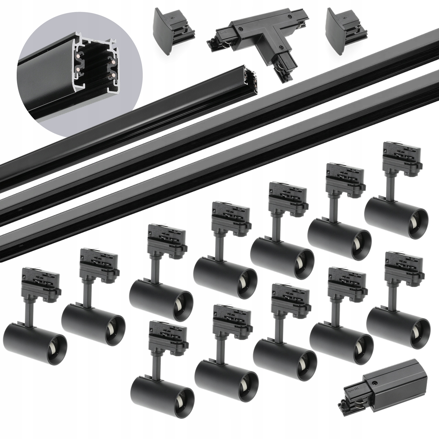 3-fázový koľajnicový set 1m+2m+2m, 12x lampa, spojka T Čierny komplet