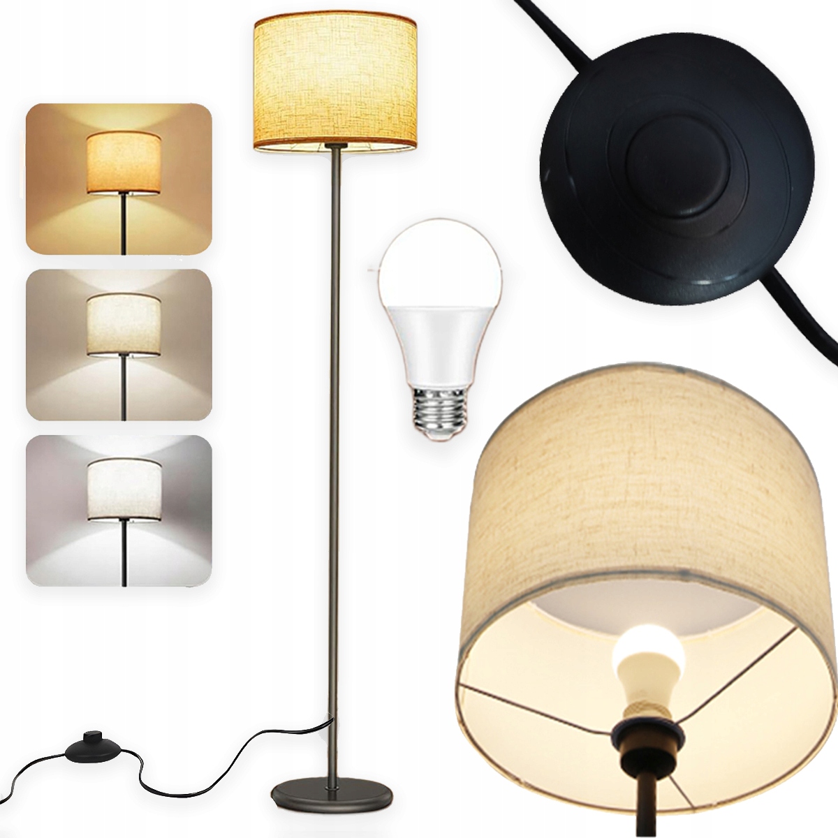 Stojací Lampa Podlahová Lampa S Žárovkou E27 Noční Lampa Lněná Stínidlo 156 cm