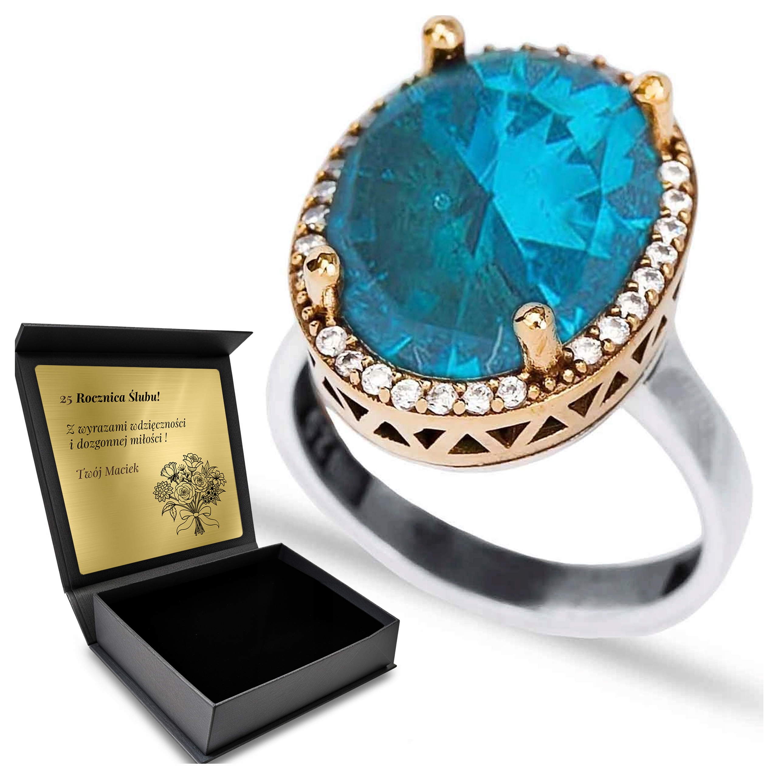 Prstýnek 925 S Zirkony A Modrým Topazem Valentýna Gravírování