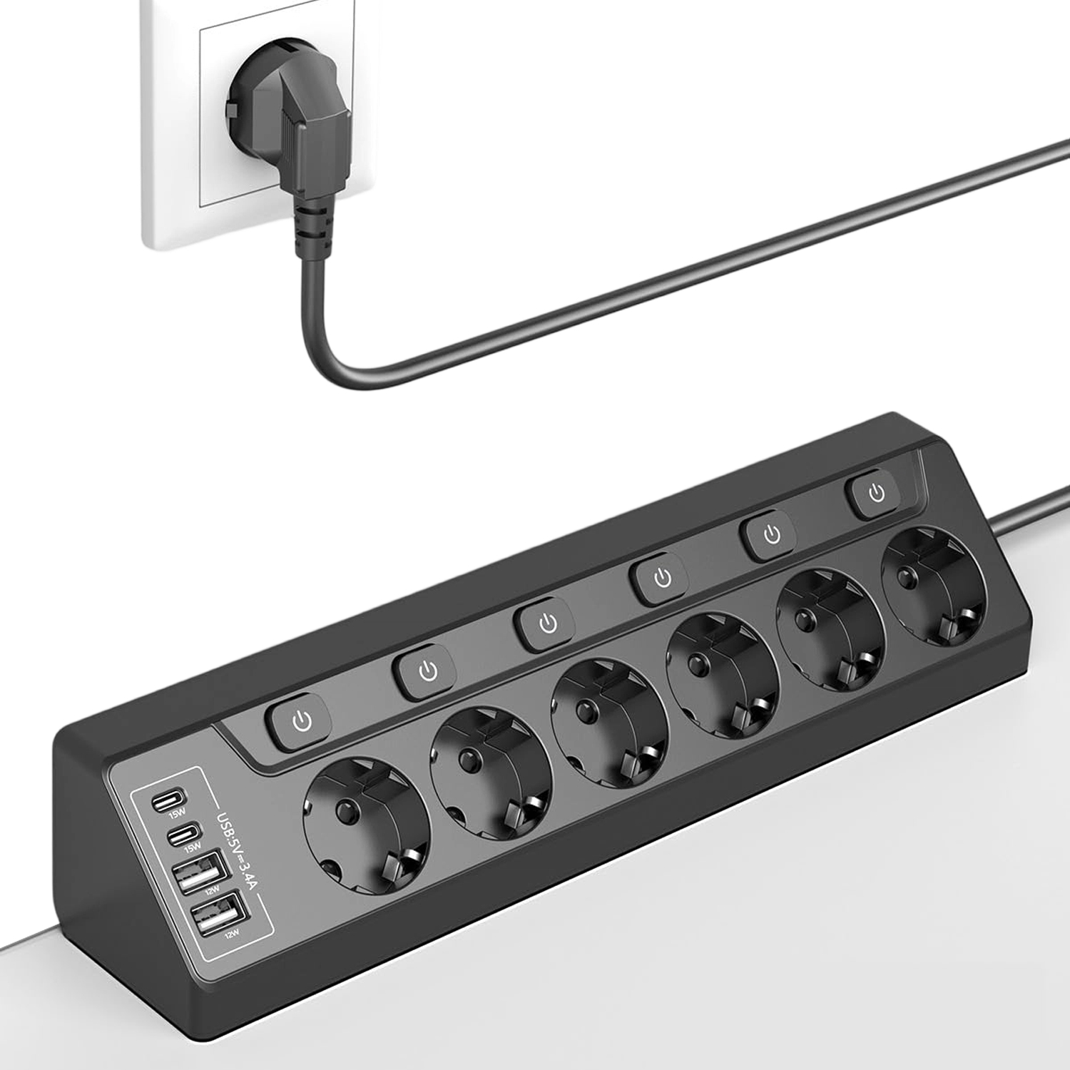Zásuvková Lišta Kabel 2M 6 Zásuvek 4X Usb Stolní Prodlužovací Kabel