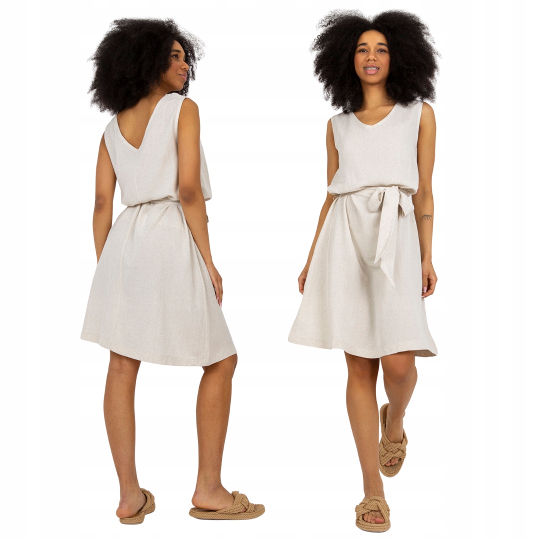 Šaty Lniana midi Oversize s páskem béžová XL